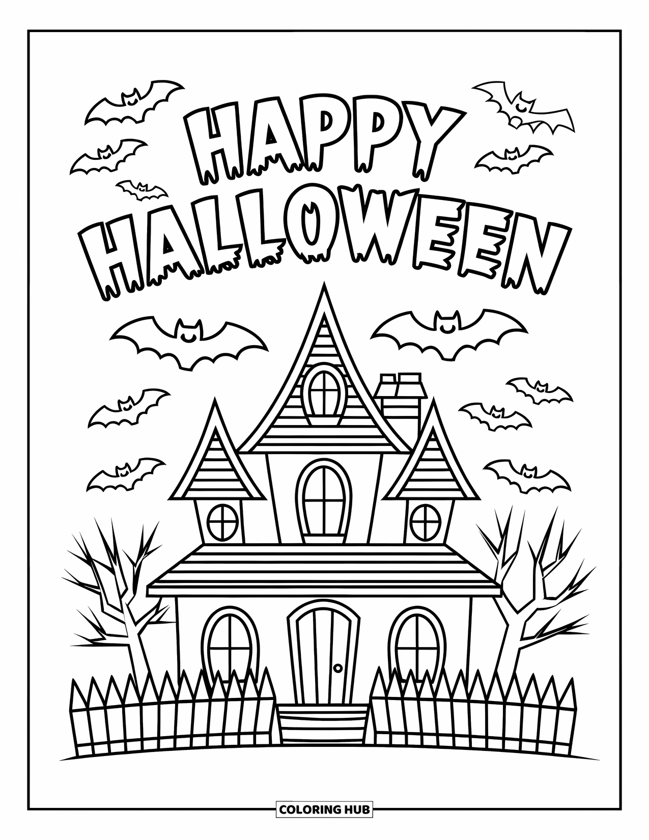 Happy Halloween Coloring Page for Kids: A spooky house with pointy roof and bats hovers under a Halloween sign