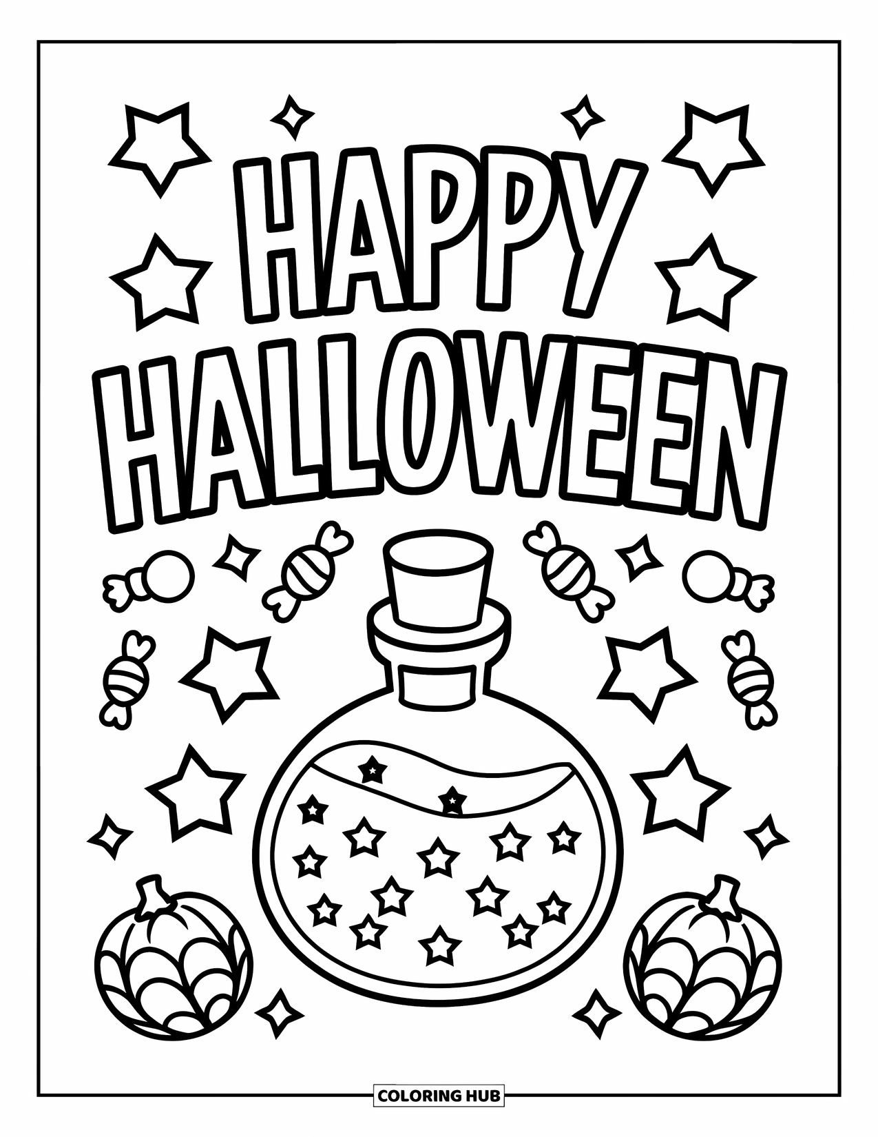 Happy Halloween Coloring Page for Kids: A spooky potion bottle is surrounded by candies and stars with a Halloween greeting above