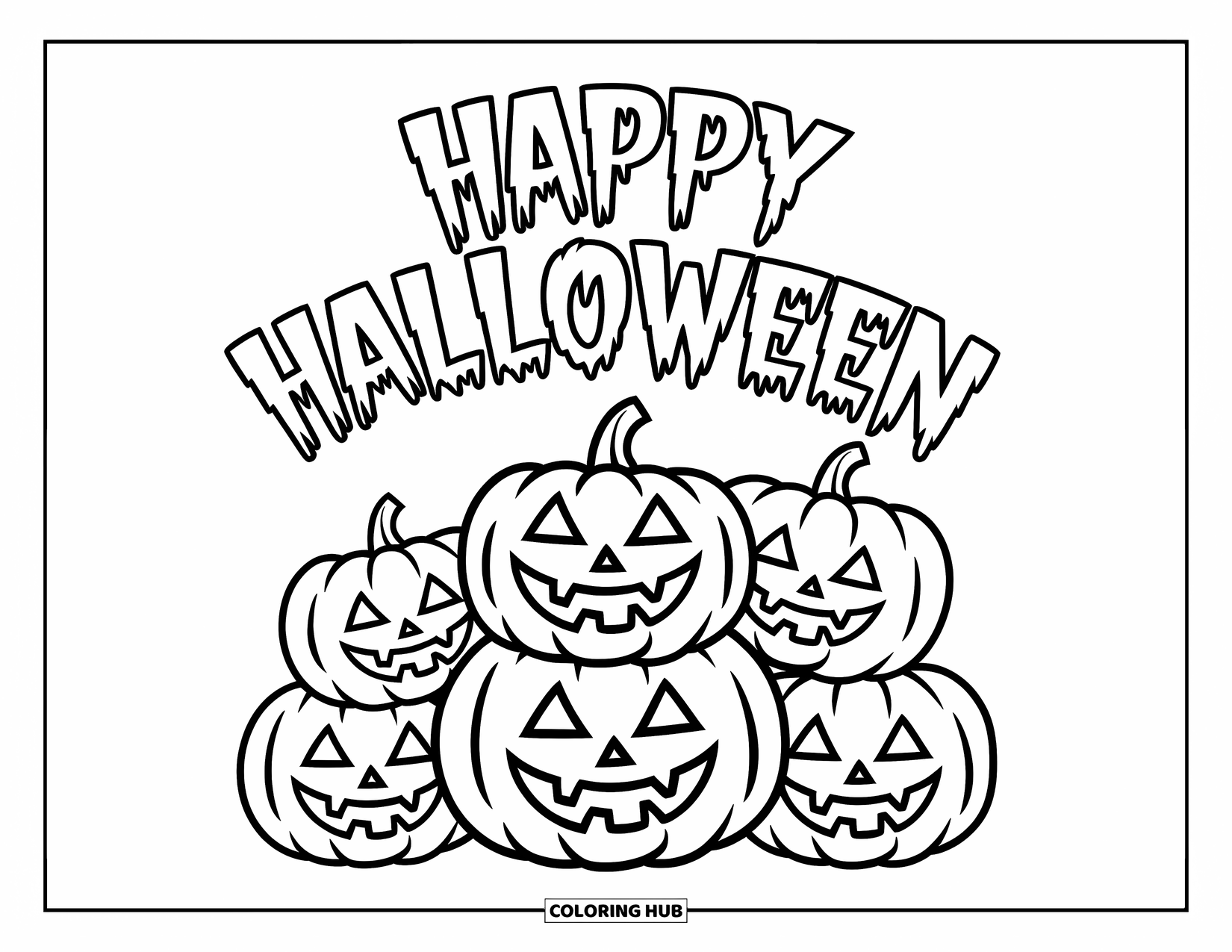 Happy Halloween Coloring Page for Kids: A stack of jack-o'-lanterns smiles beneath a floating "Happy Halloween" text