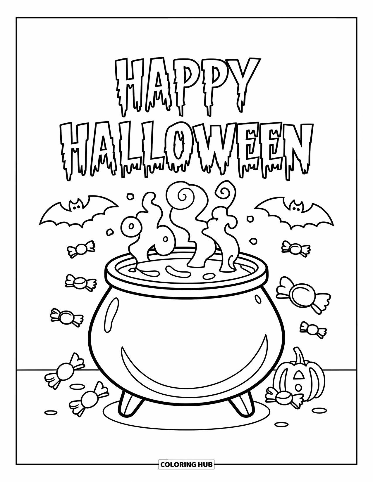 Happy Halloween Coloring Page for Kids: A steaming cauldron sits with candy and "Happy Halloween" above in bold letters