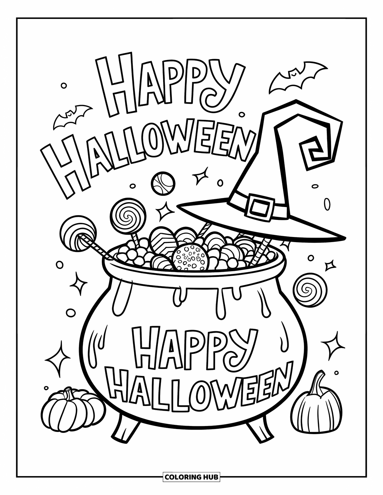 Happy Halloween Coloring Page for Kids: A swirly cauldron with candy and steam stands under curly "Happy Halloween" text