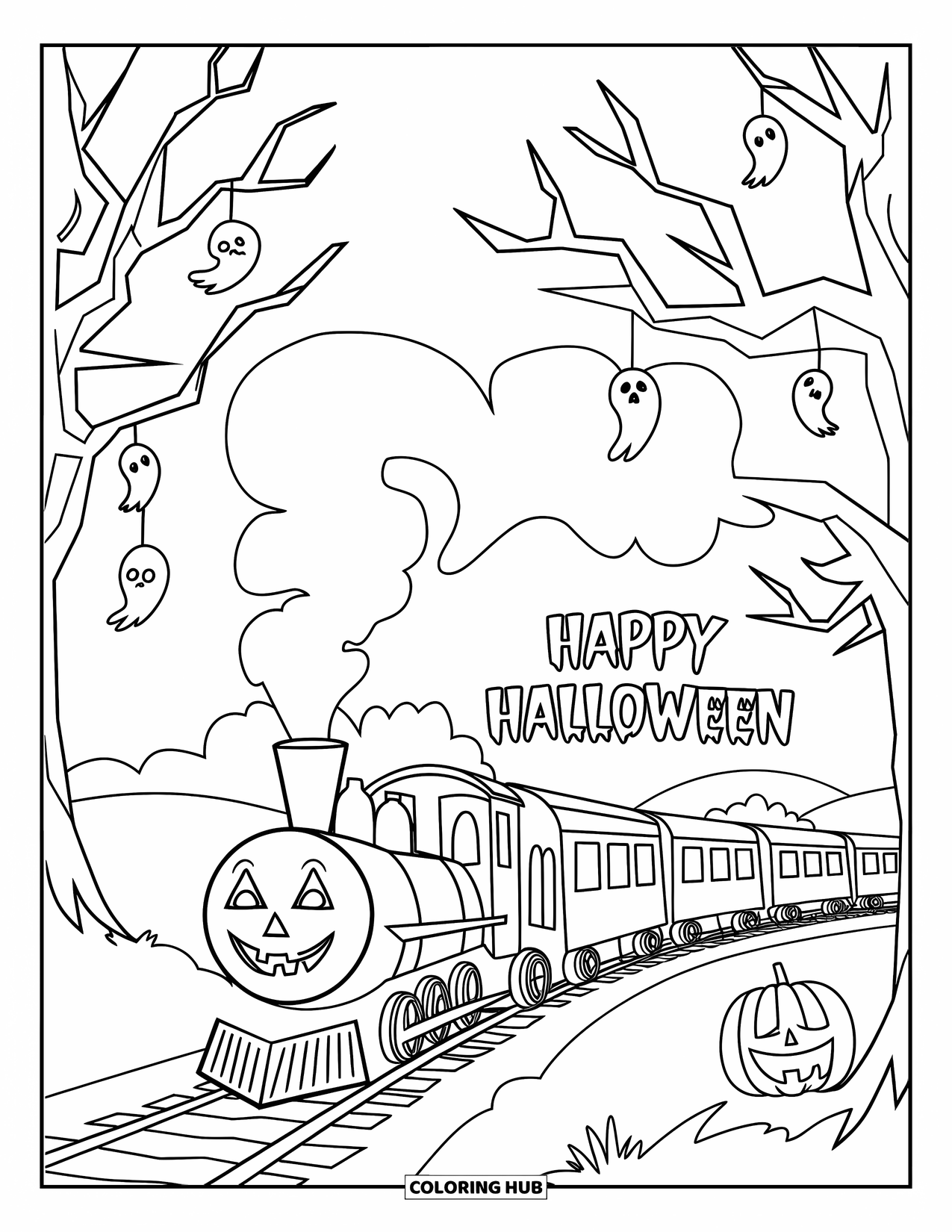 Happy Halloween Coloring Page for Kids: A train with a spooky face and "Happy Halloween" pulls into a ghost-filled station