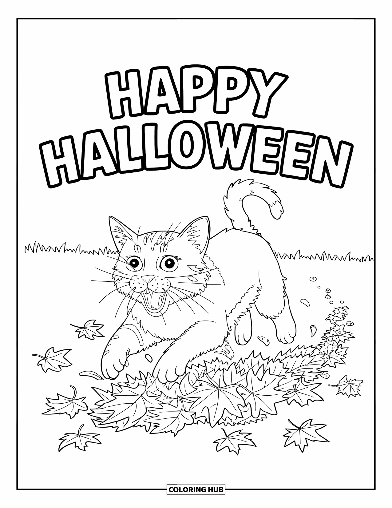 Happy Halloween Coloring Page for Kids: A yawning cat leaps through scattered leaves with "Happy Halloween" in bold letters