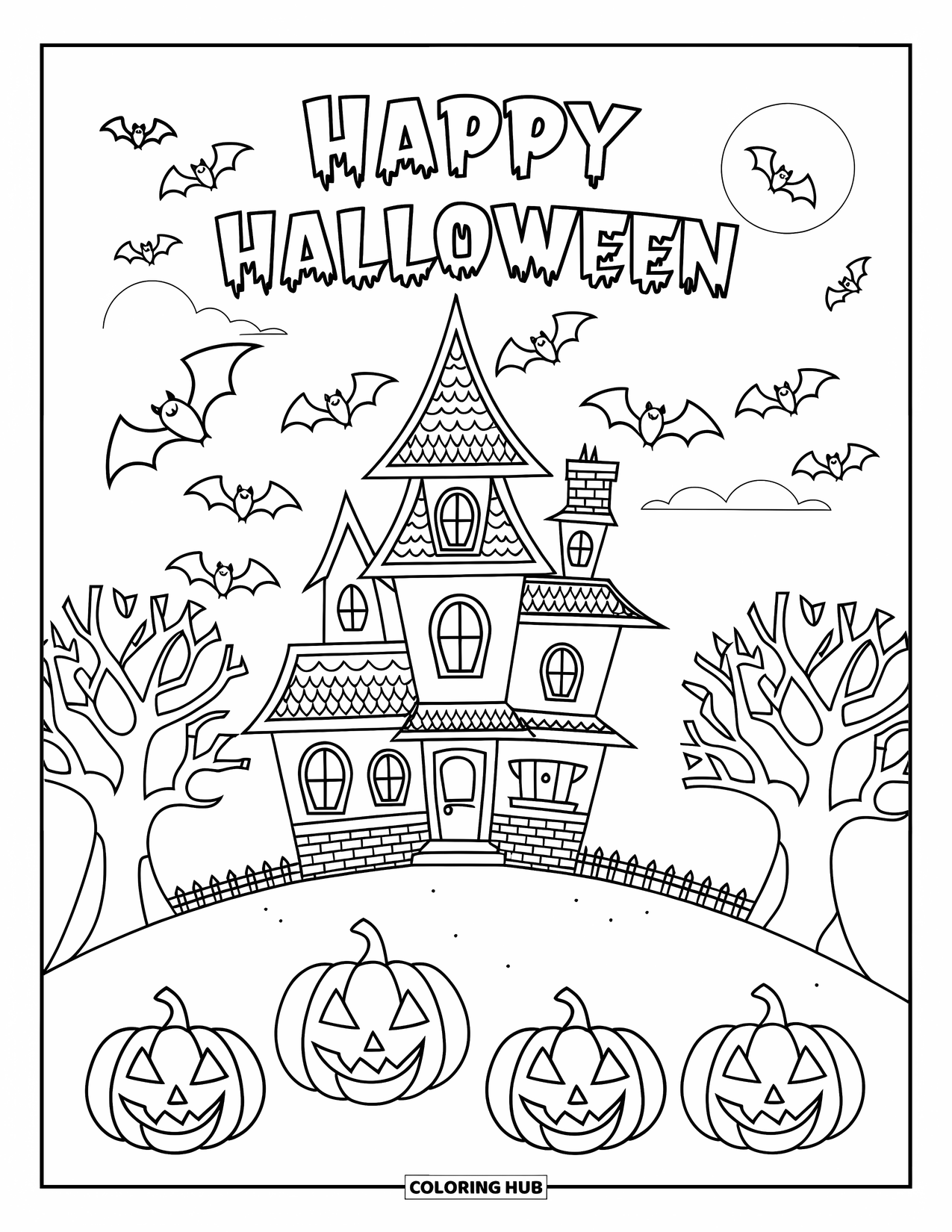 Happy Halloween Coloring Page for Kids: Pumpkins and bats surround a haunted hilltop house with "Happy Halloween" above