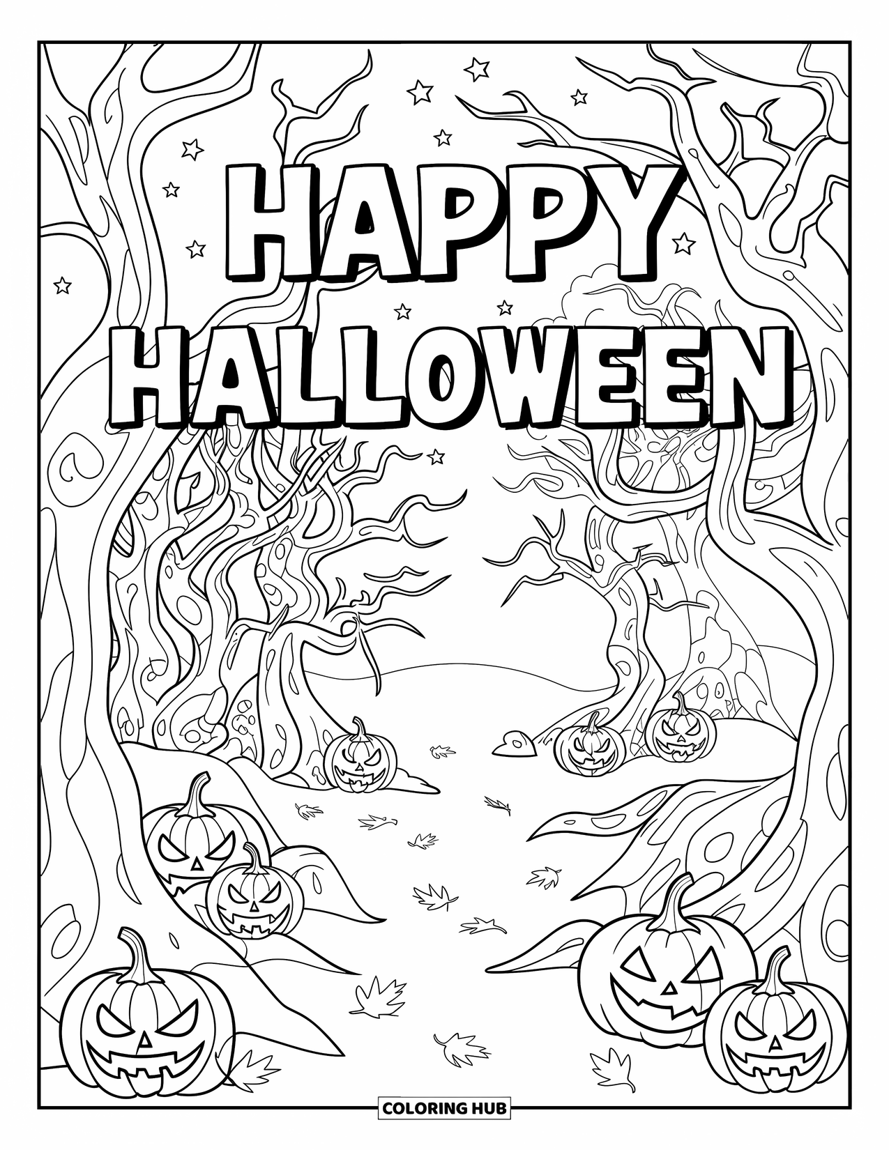 Happy Halloween Coloring Page for Kids: Pumpkins and webs decorate a forest of twisted trees under a bright full moon