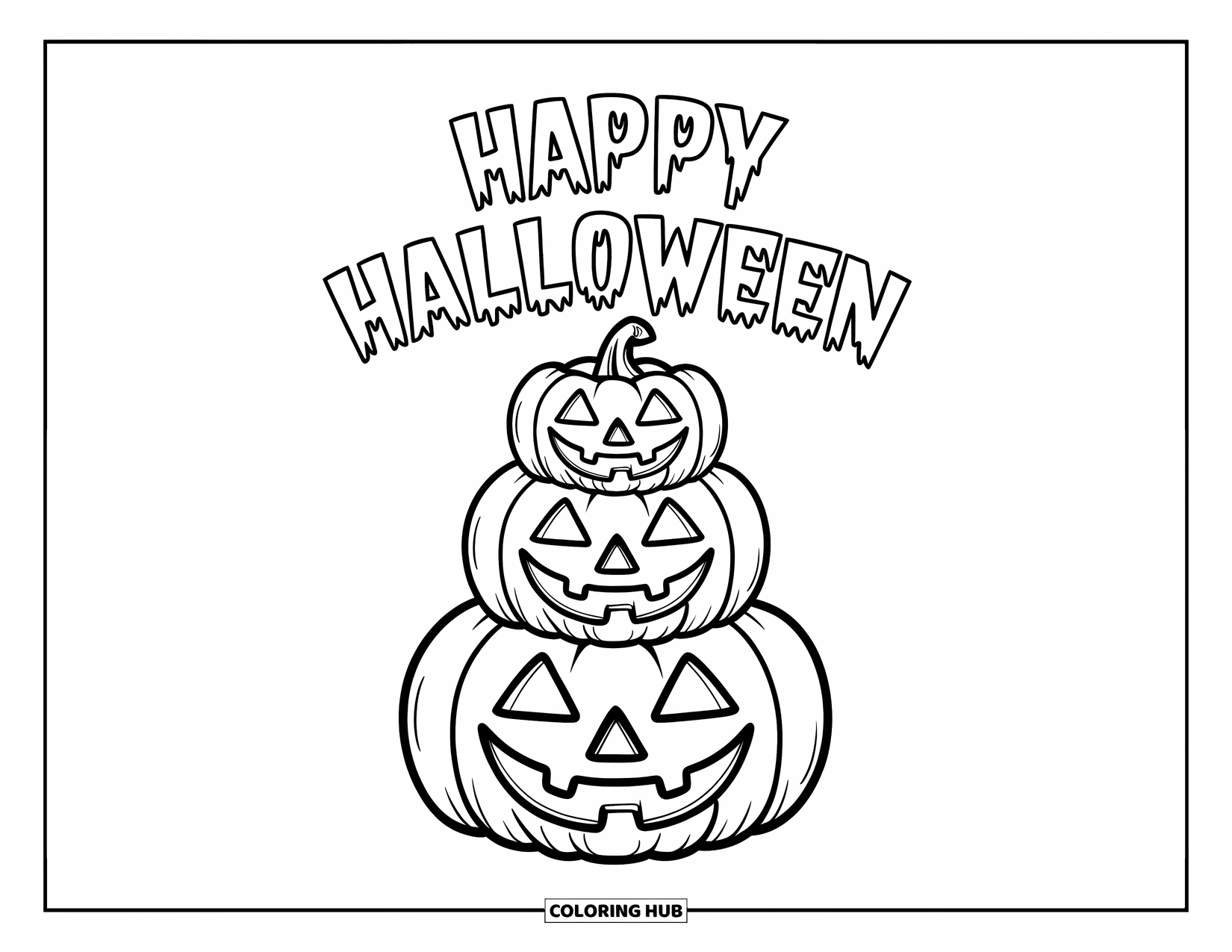 Happy Halloween Coloring Page for Kids: Pumpkins with triangle eyes stack high under a spooky Halloween sign