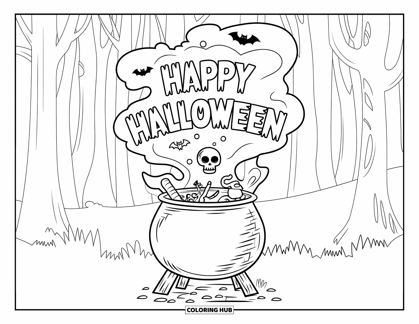 Happy Halloween Coloring Page for Kids: Smoke rises from a bubbling brew forming "Happy Halloween" in a spooky forest