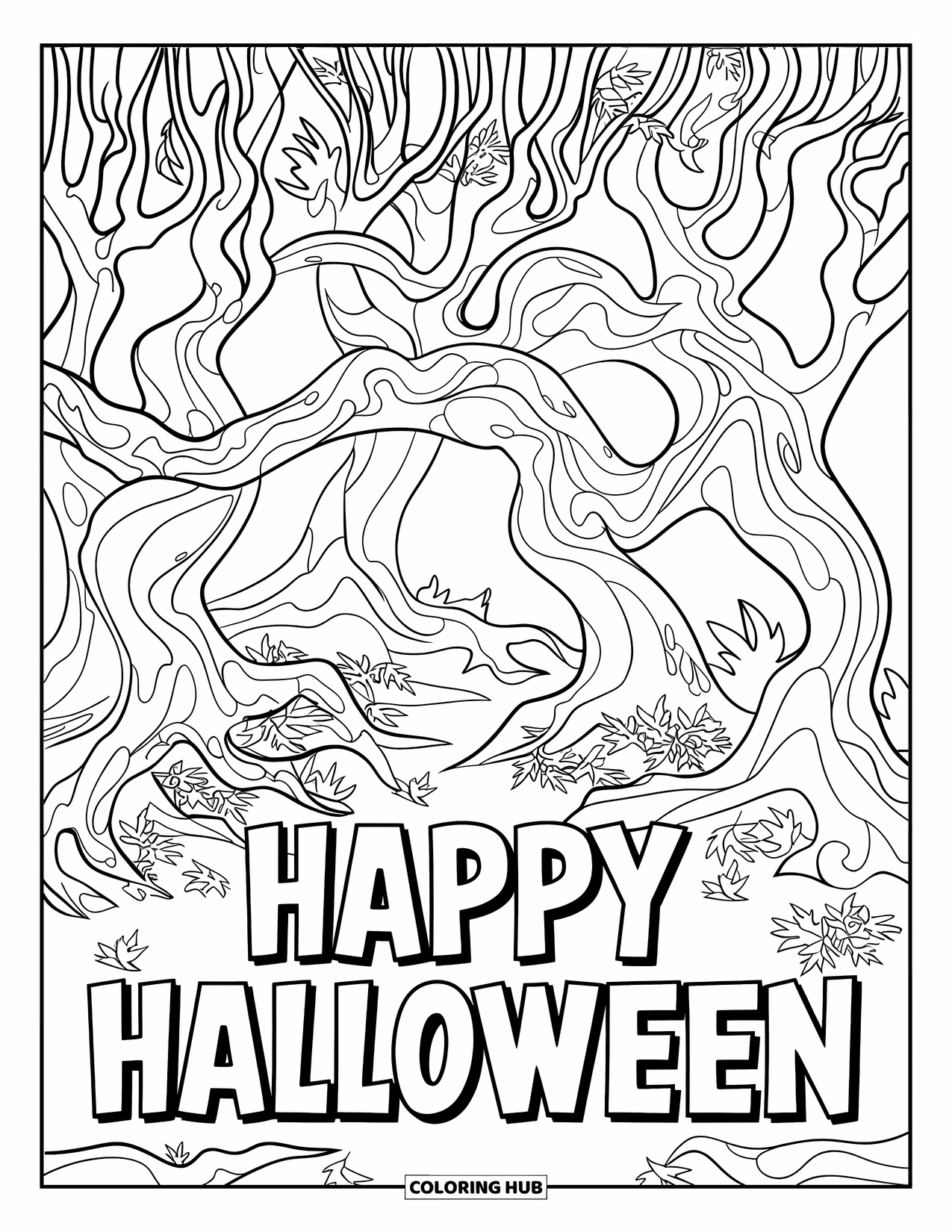 Happy Halloween Coloring Page for Kids: Twisted trees and fallen leaves frame "Happy Halloween" in a haunted forest