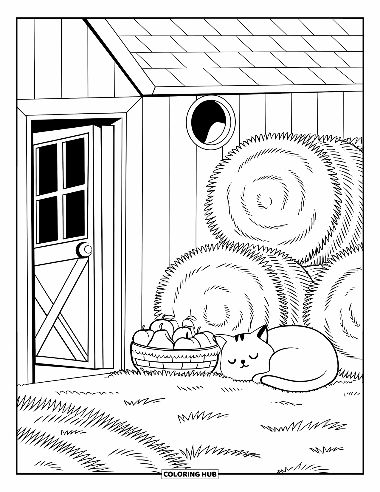 Harvest Coloring Page for Adults: A barn with a tiny door, hay bales, a sleepy cat, pears, and a round window
