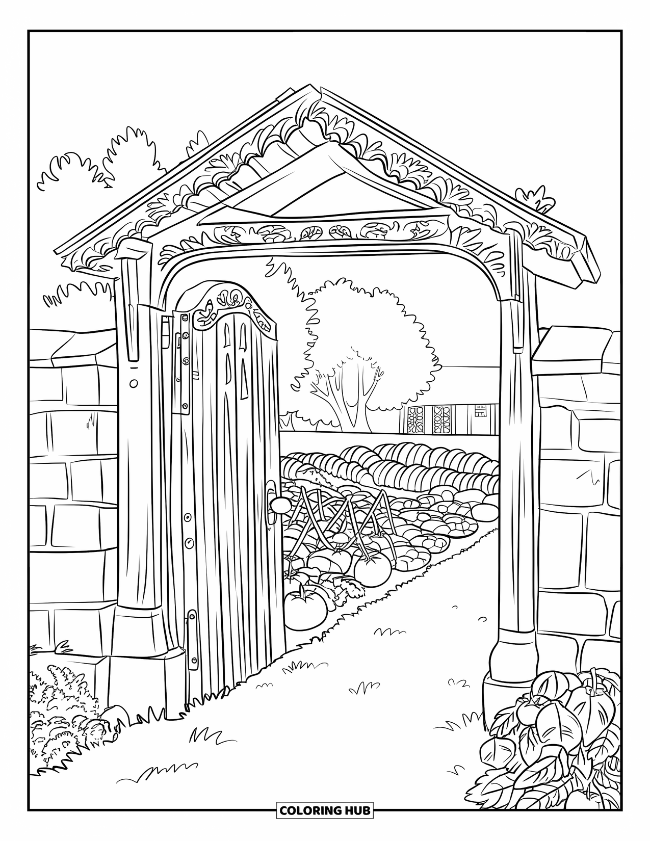 Harvest Coloring Page for Adults: A carved wooden gate opens to a garden with tomatoes, peppers, eggplants, and trees