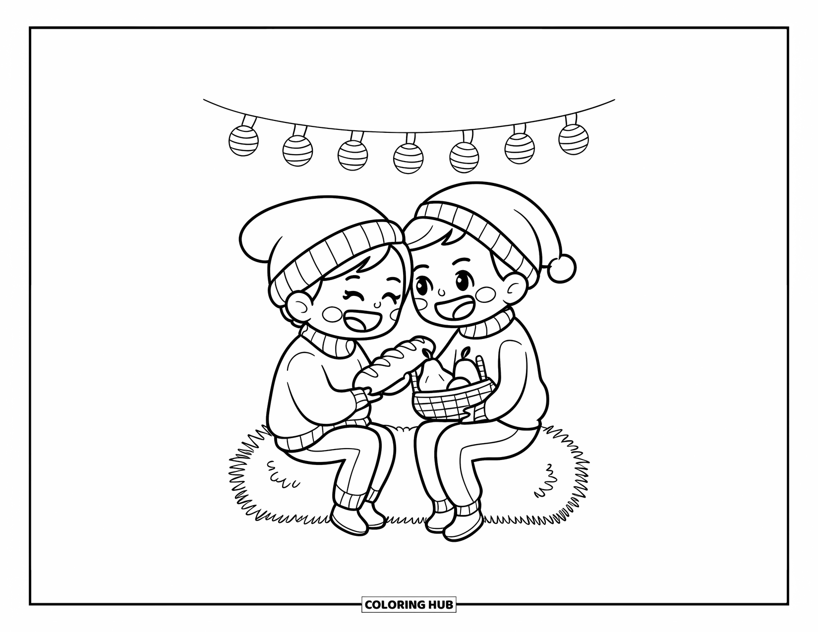 Harvest Coloring Page for Adults: A cheerful chibi couple share bread and pears on a hay bale under cute paper lanterns