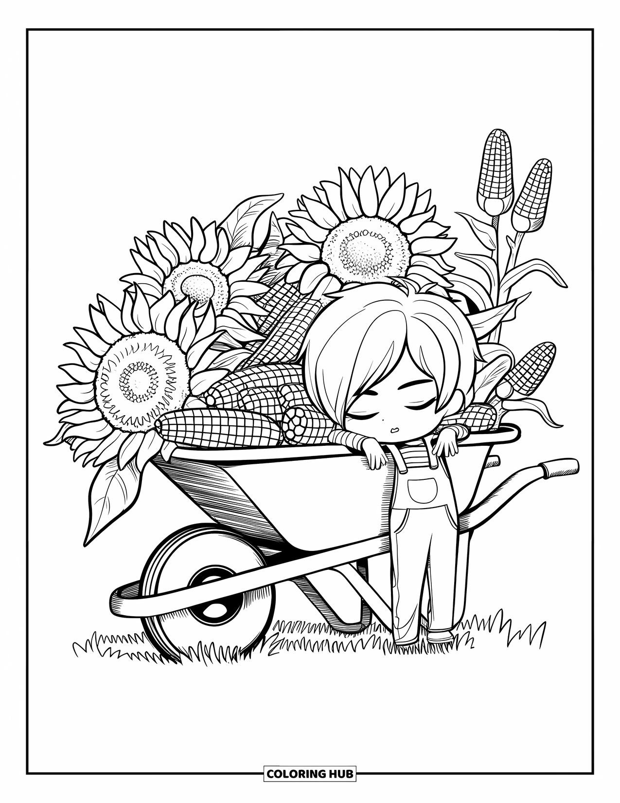 Harvest Coloring Page for Adults: A chibi boy naps by a wheelbarrow filled with sunflowers and corn in a grassy field