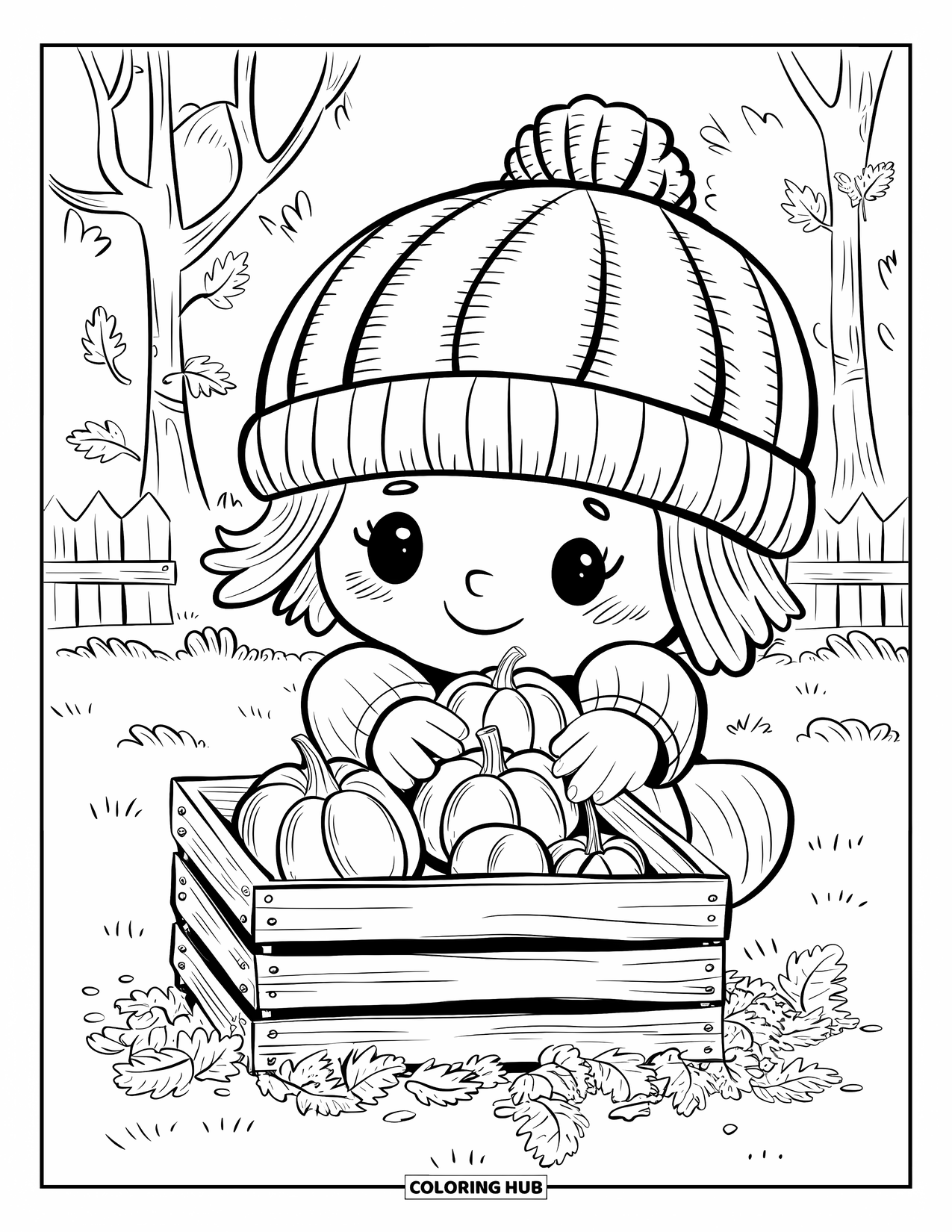 Harvest Coloring Page for Adults: A chibi child with a knit hat stacks gourds in a crate with trees and fence behind