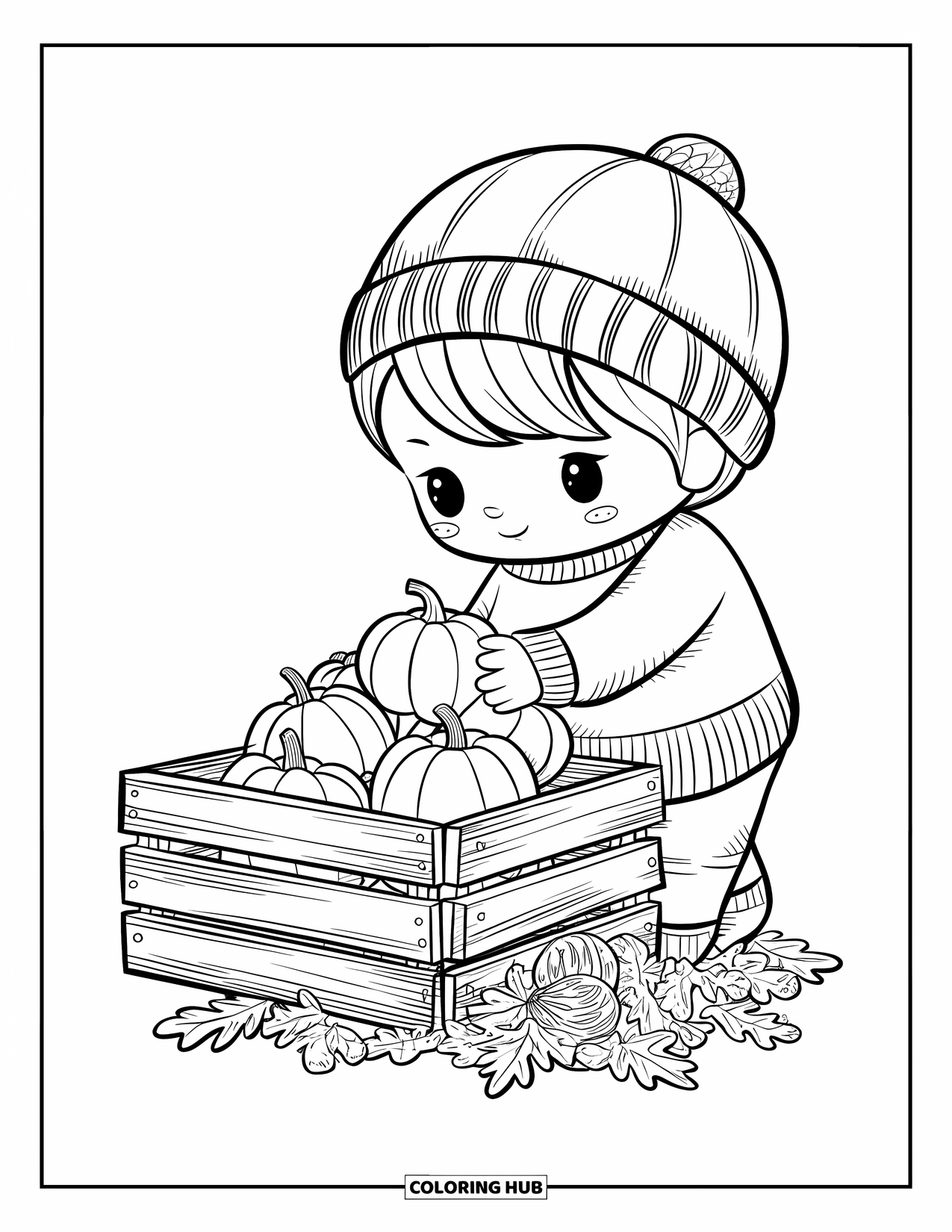 Harvest Coloring Page for Adults: A chibi child with a knit hat stacks small gourds into a crate near crunchy leaves