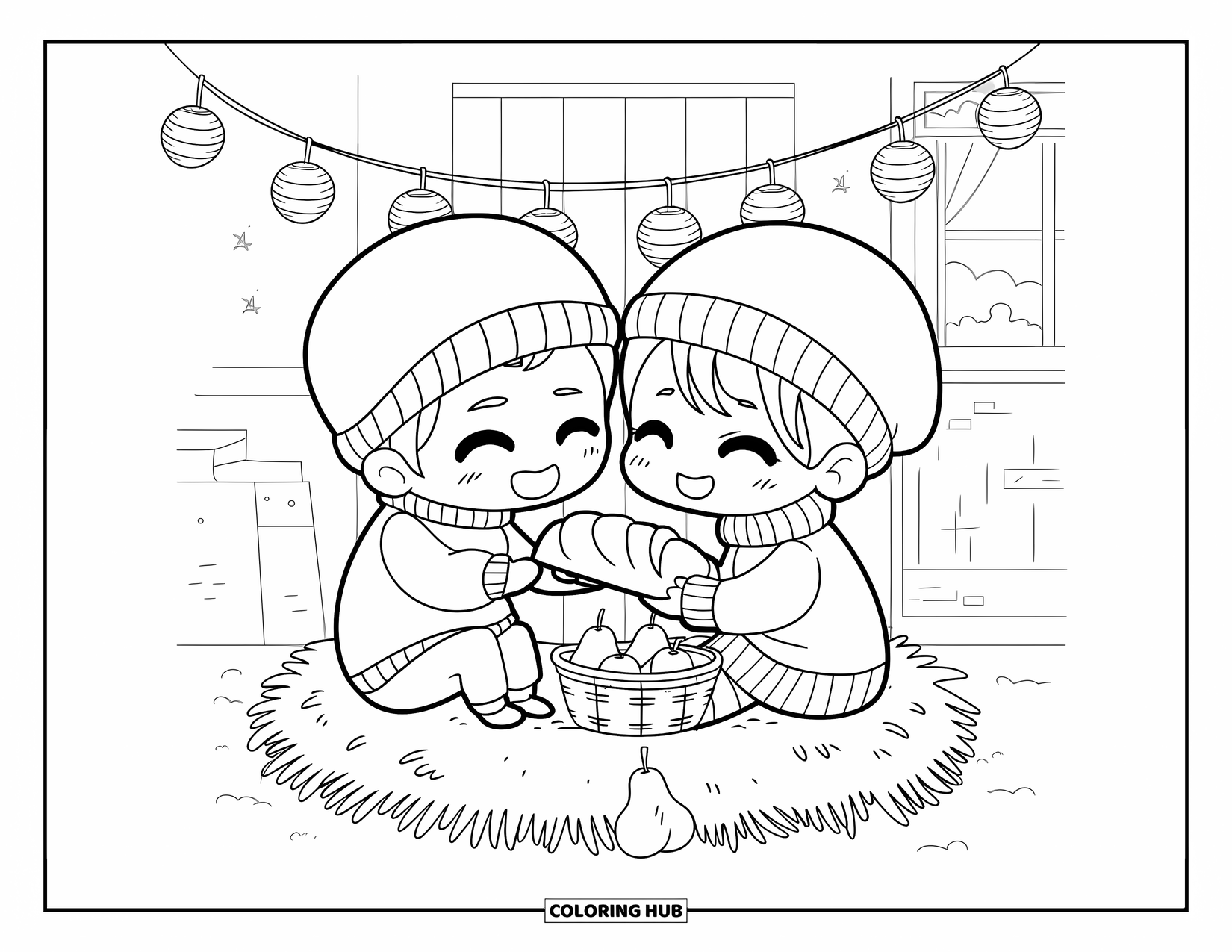 Harvest Coloring Page for Adults: A chibi couple in sweaters sit on a hay bale sharing bread and pears in a cozy room
