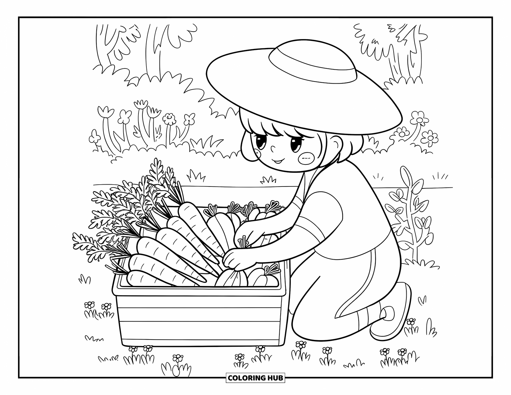 Harvest Coloring Page for Adults: A chibi gardener in a floppy hat ties carrots and squash beside a crate in a garden