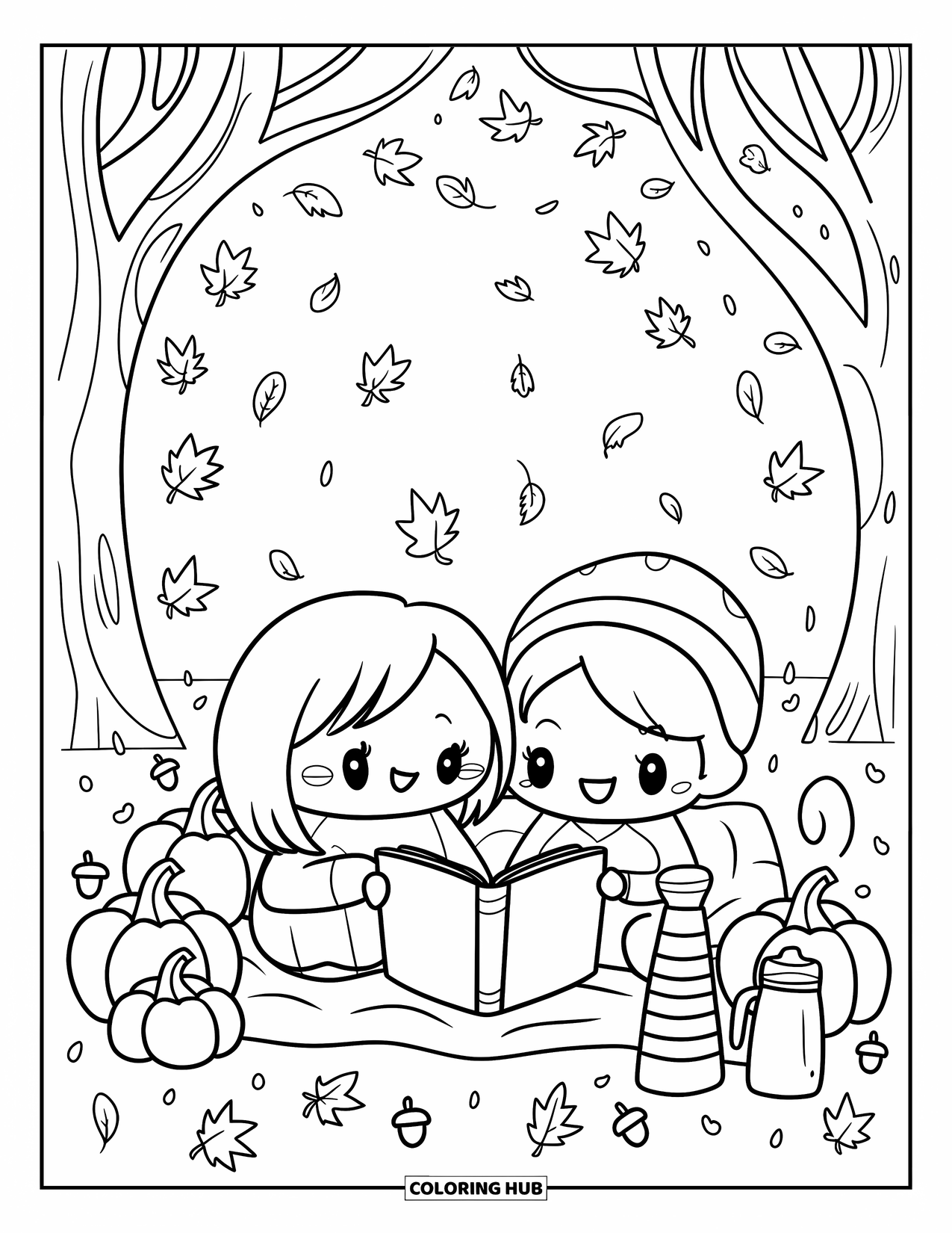 Harvest Coloring Page for Adults: A cozy chibi parent and child read together on a blanket with pumpkins and acorns