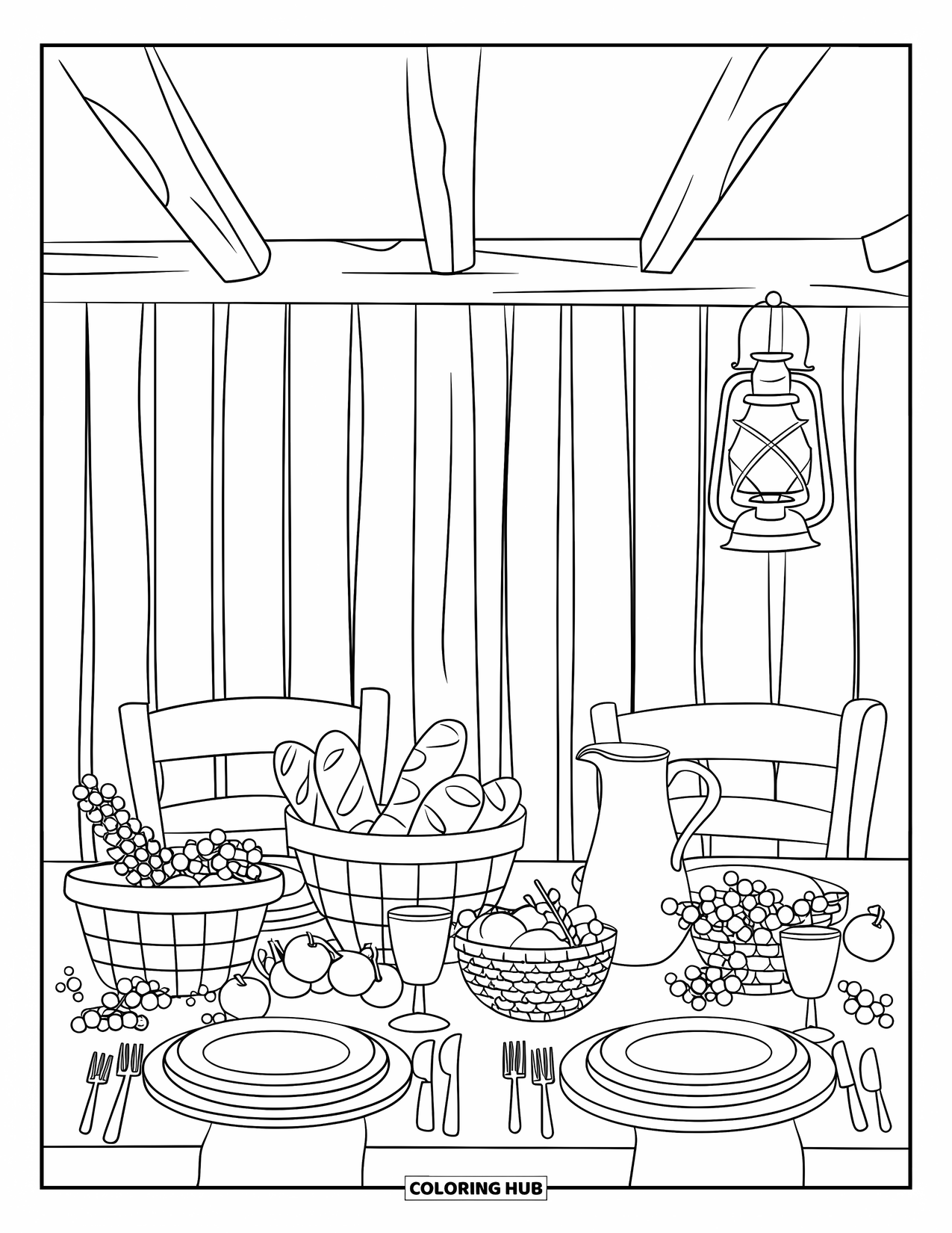 Harvest Coloring Page for Adults: A harvest table with baskets of bread, fruit, a pitcher, wooden beams, and a lantern