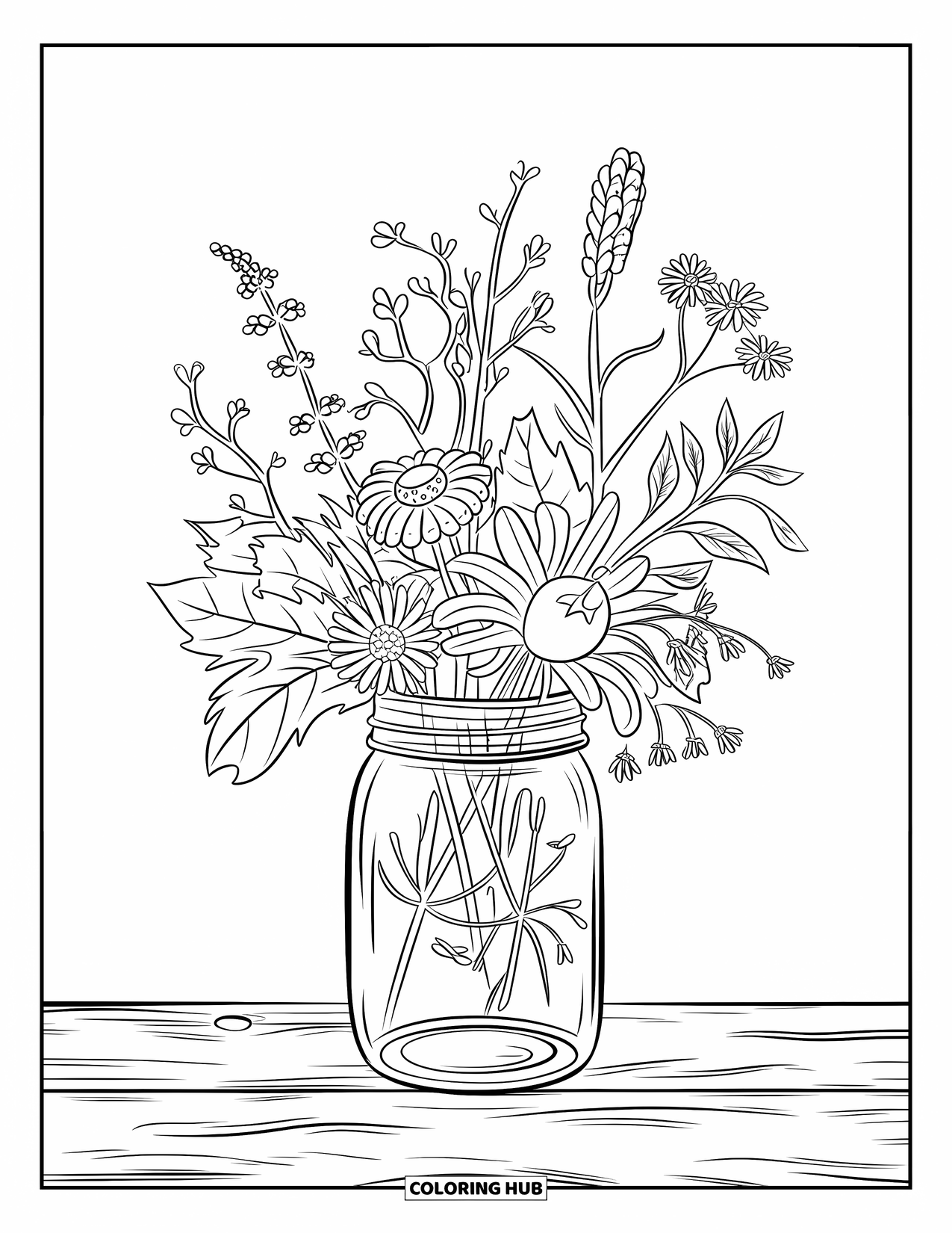 Harvest Coloring Page for Adults: A mason jar with wildflowers and seed pods sits on cracked wooden boards