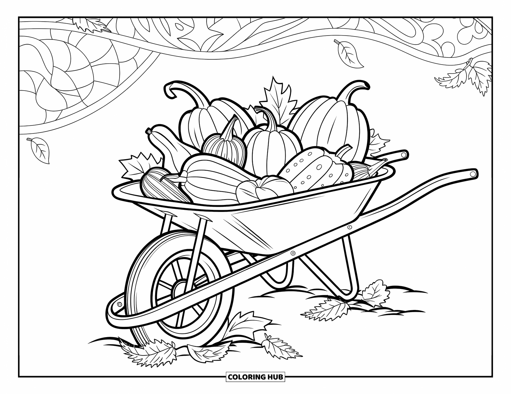 Harvest Coloring Page for Adults: A rustic wheelbarrow filled with squash and gourds sits on dirt with fallen leaves