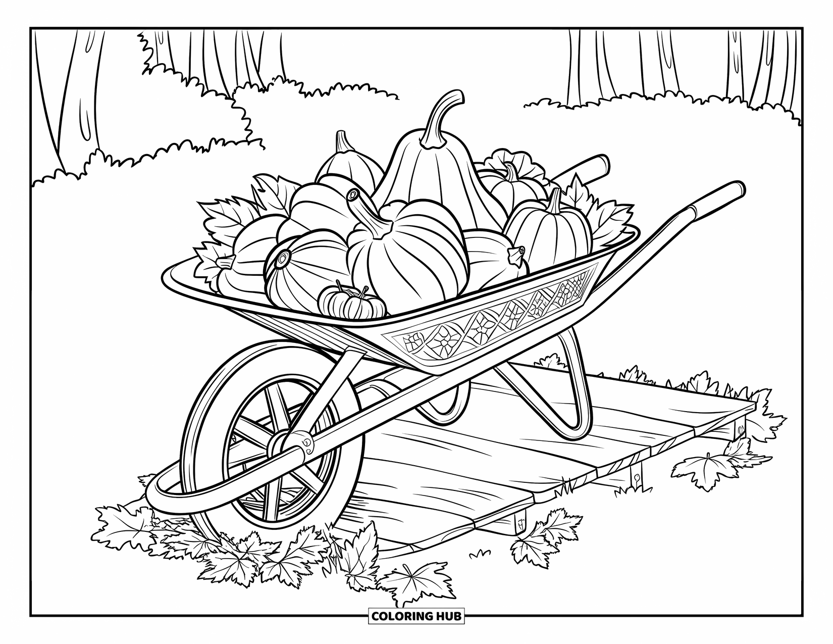 Harvest Coloring Page for Adults: A rustic wheelbarrow full of squash and gourds sits on planks with fallen leaves