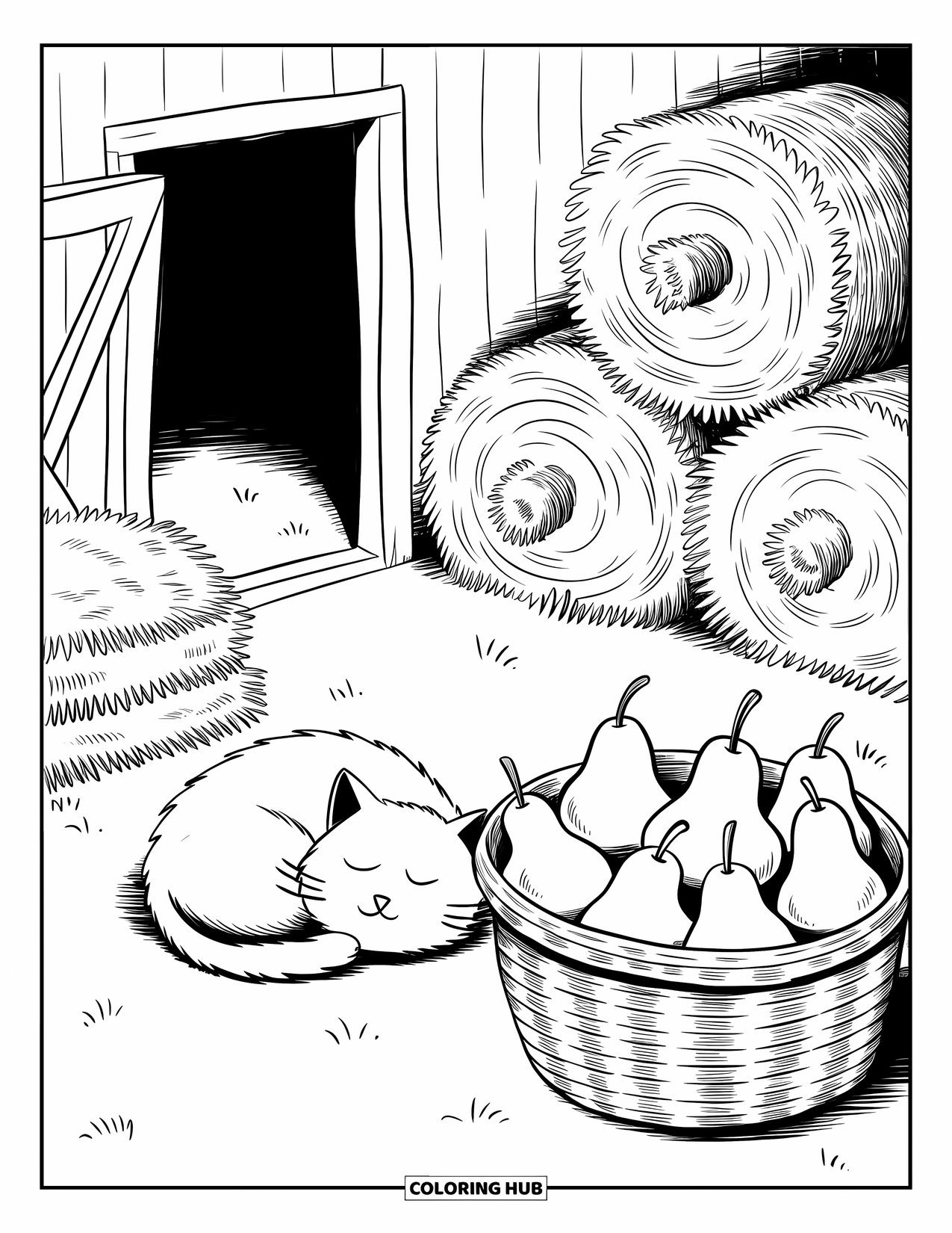 Harvest Coloring Page for Adults: A sleepy cat curls beside hay bales and a basket of pears near a barn door