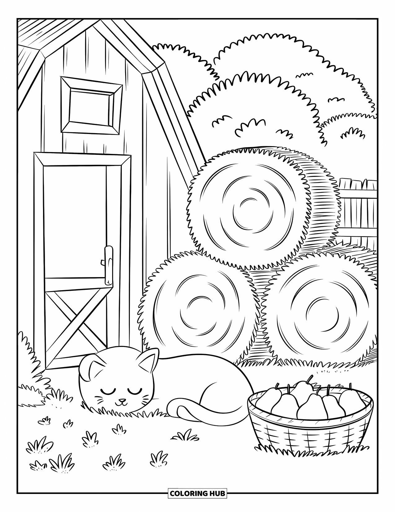 Harvest Coloring Page for Adults: A sleepy cat rests by hay bales and a basket of pears in a barn with trees