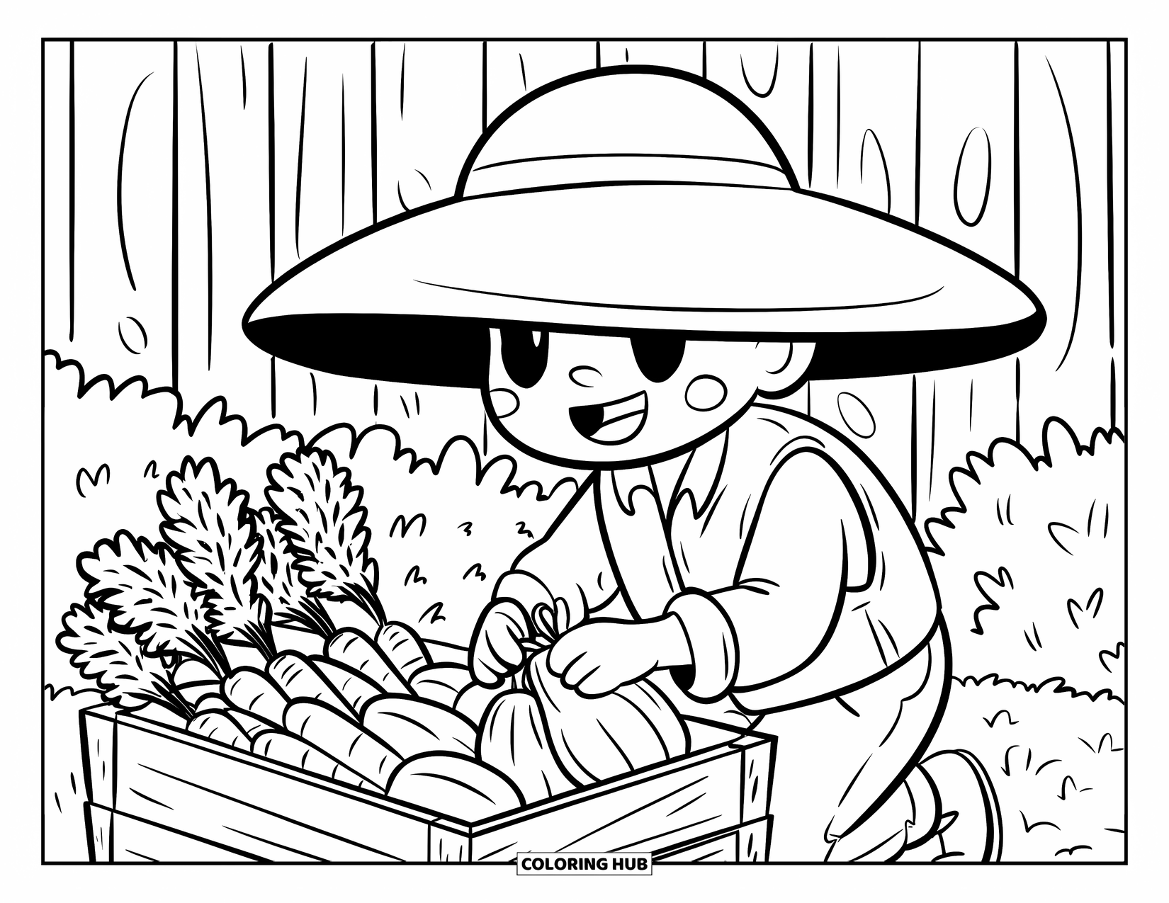 Harvest Coloring Page for Adults: A smiling chibi gardener kneels by a crate tying carrots and squash near a wooden fence
