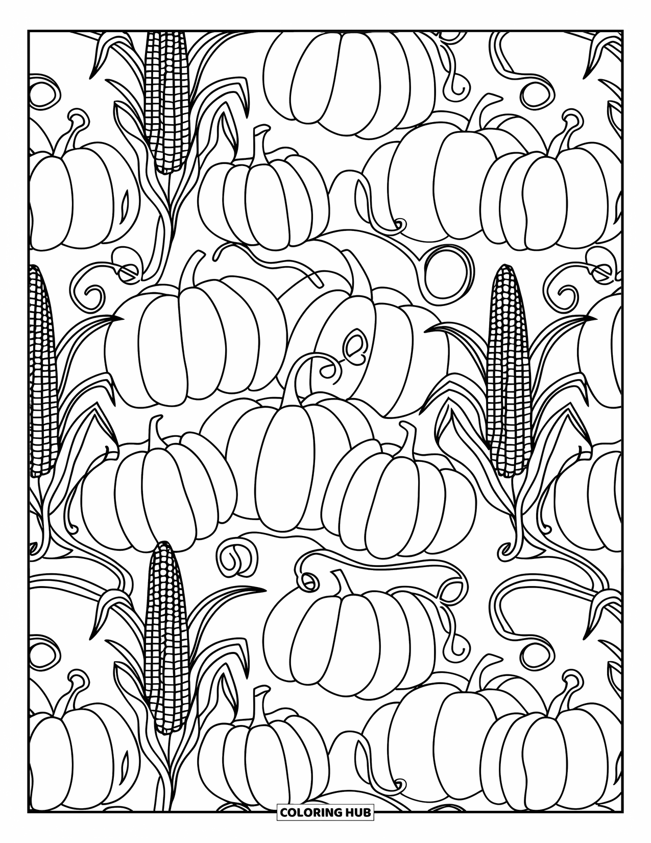 Harvest Coloring Page for Adults: Pumpkins, corn stalks, and swirling vines repeat in a layered, relaxing pattern