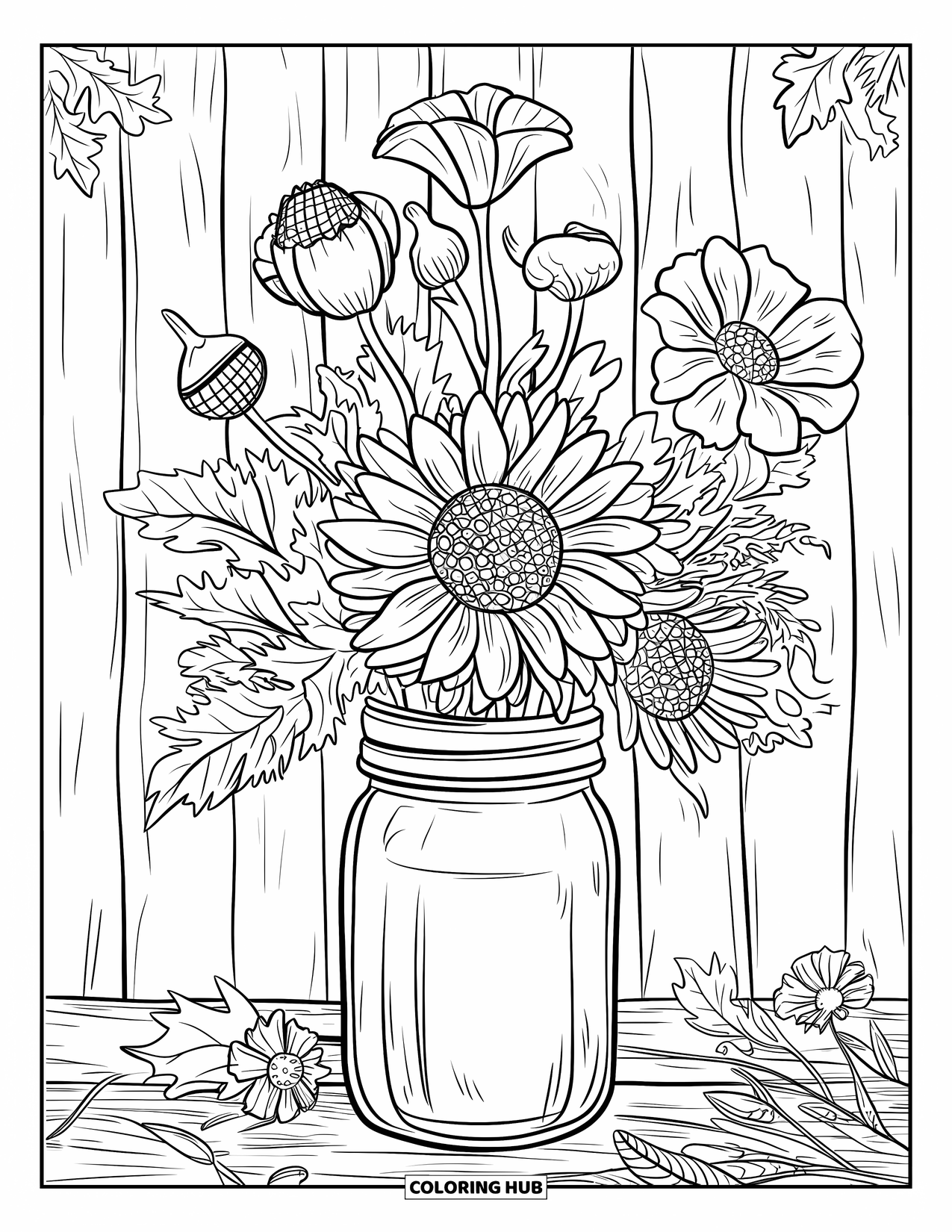 Harvest Coloring Page for Adults: Wildflowers and seed pods in a mason jar with leaves, twigs, and extra blooms