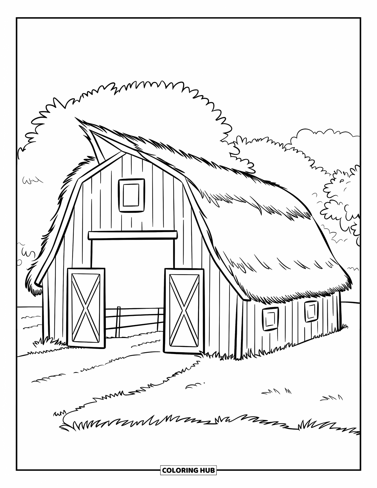 Harvest Coloring Page for Kids: A barn with a big open door and tiny fence sits near trees and a field
