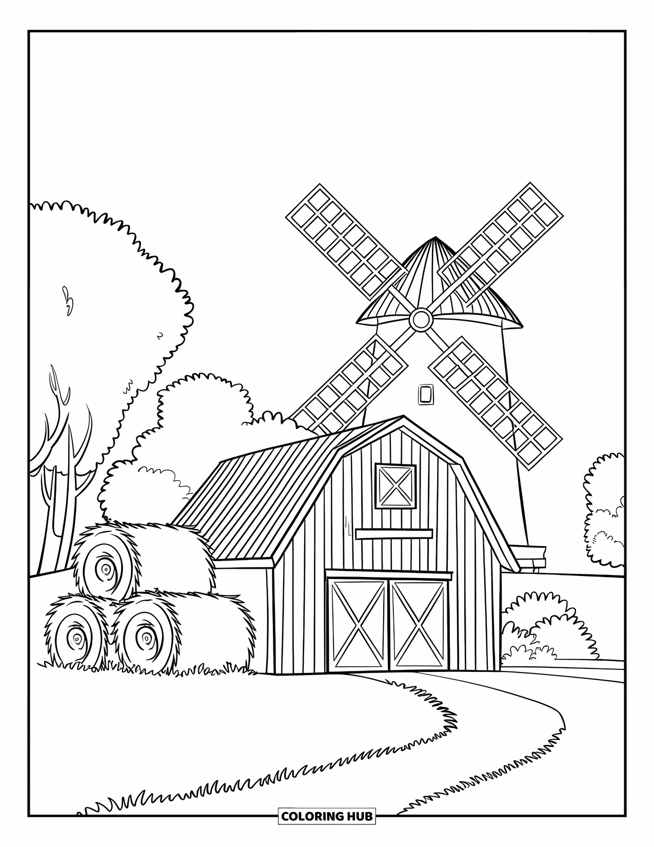 Harvest Coloring Page for Kids: A barn with hay bales, trees, and a path leading to the door