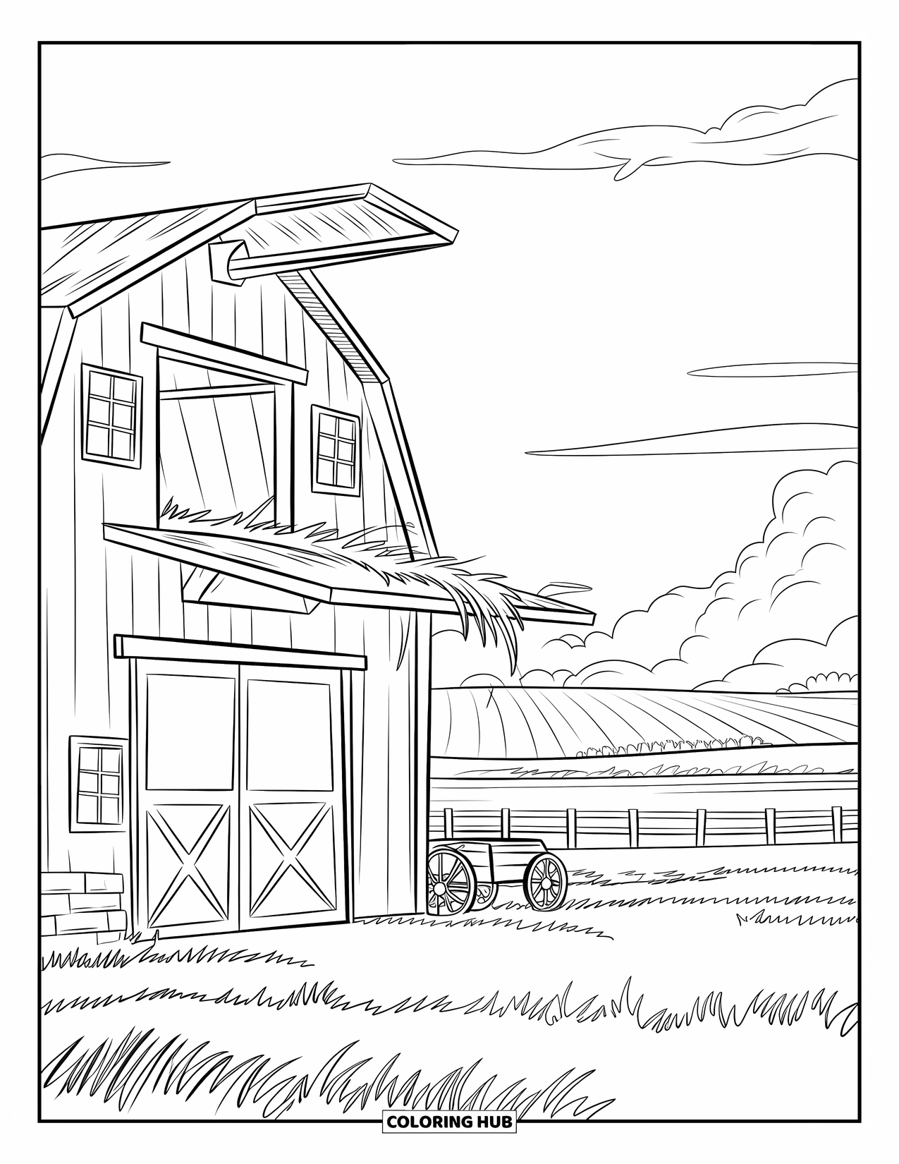 Harvest Coloring Page for Kids: A barn with hay spilling from the loft stands near a tall grassy field