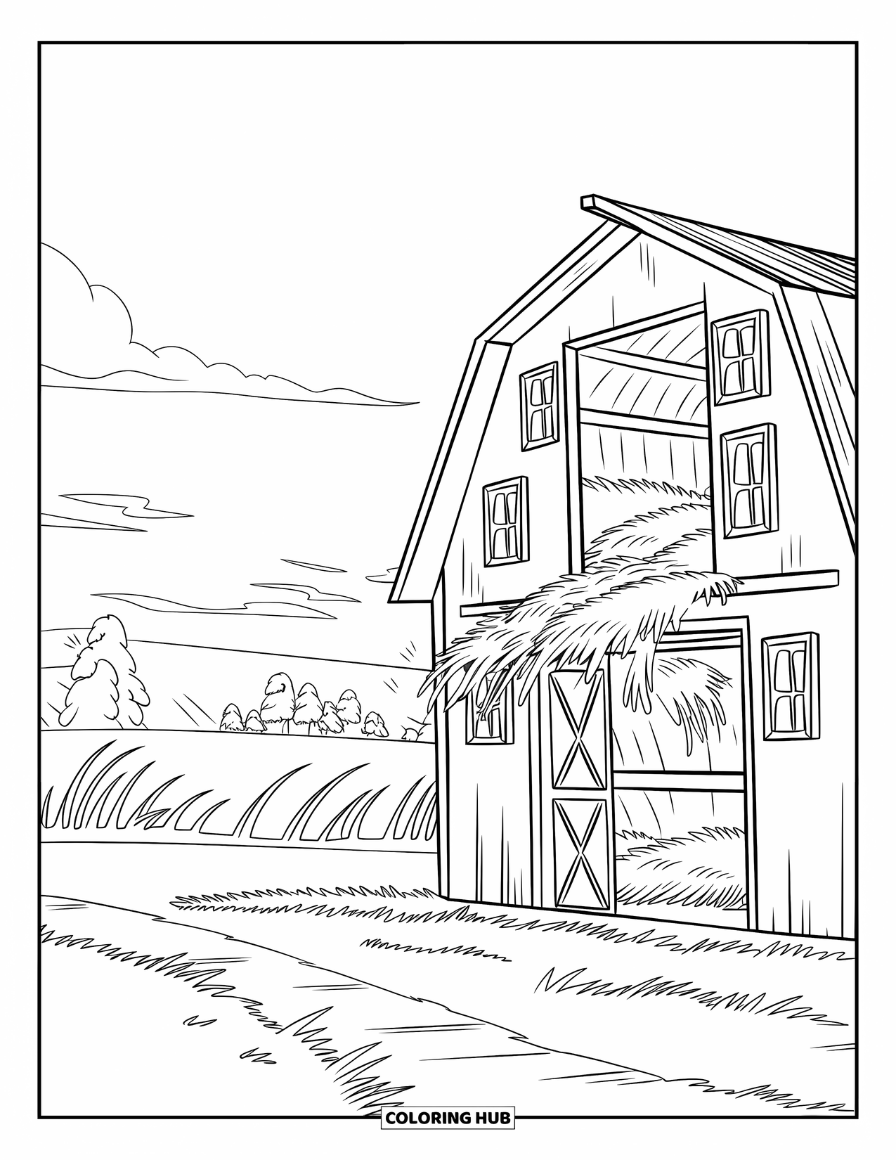 Harvest Coloring Page for Kids: A barn with open loft, hay, and a path sits near tall grass and trees