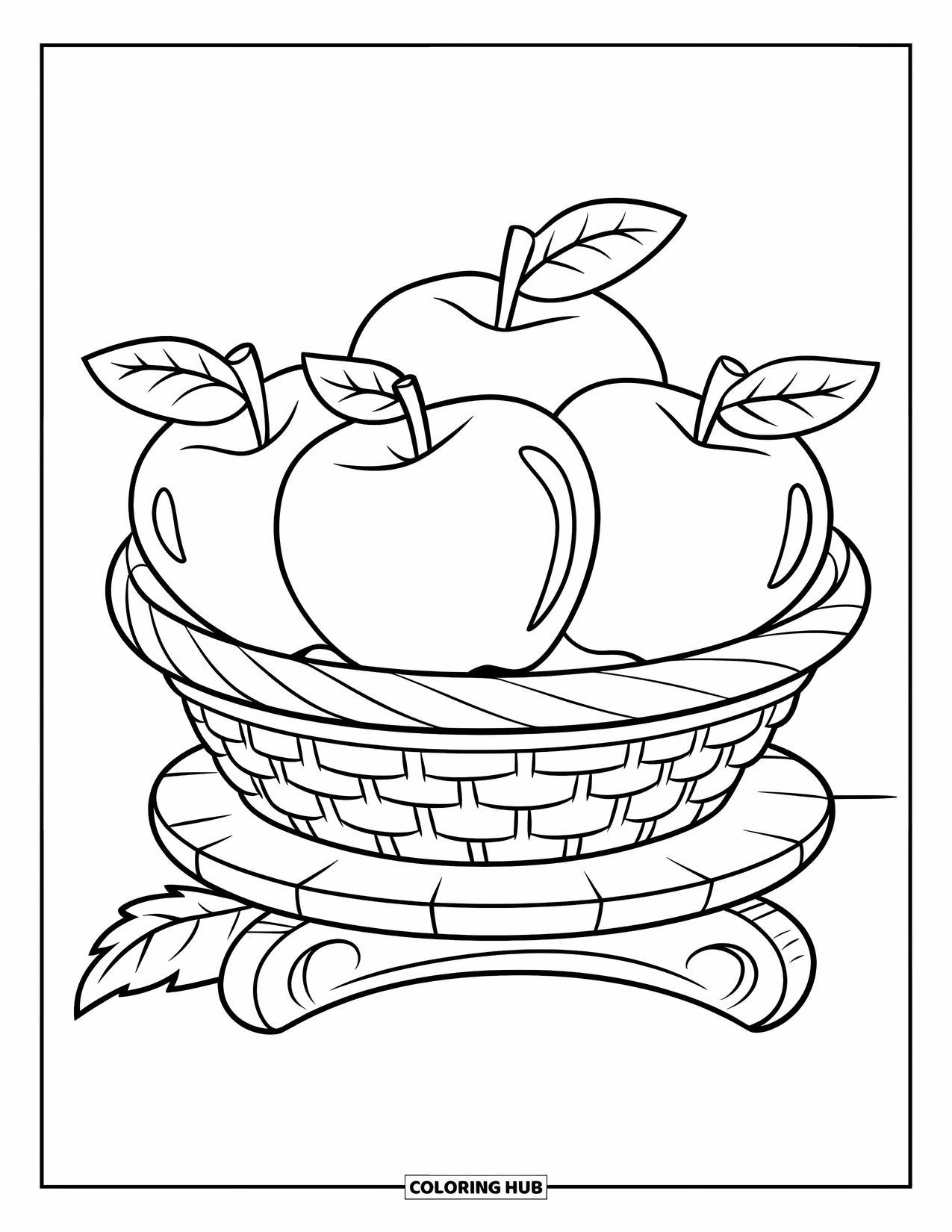 Harvest Coloring Page for Kids: A basket with three apples and leaves sits on a wooden stand