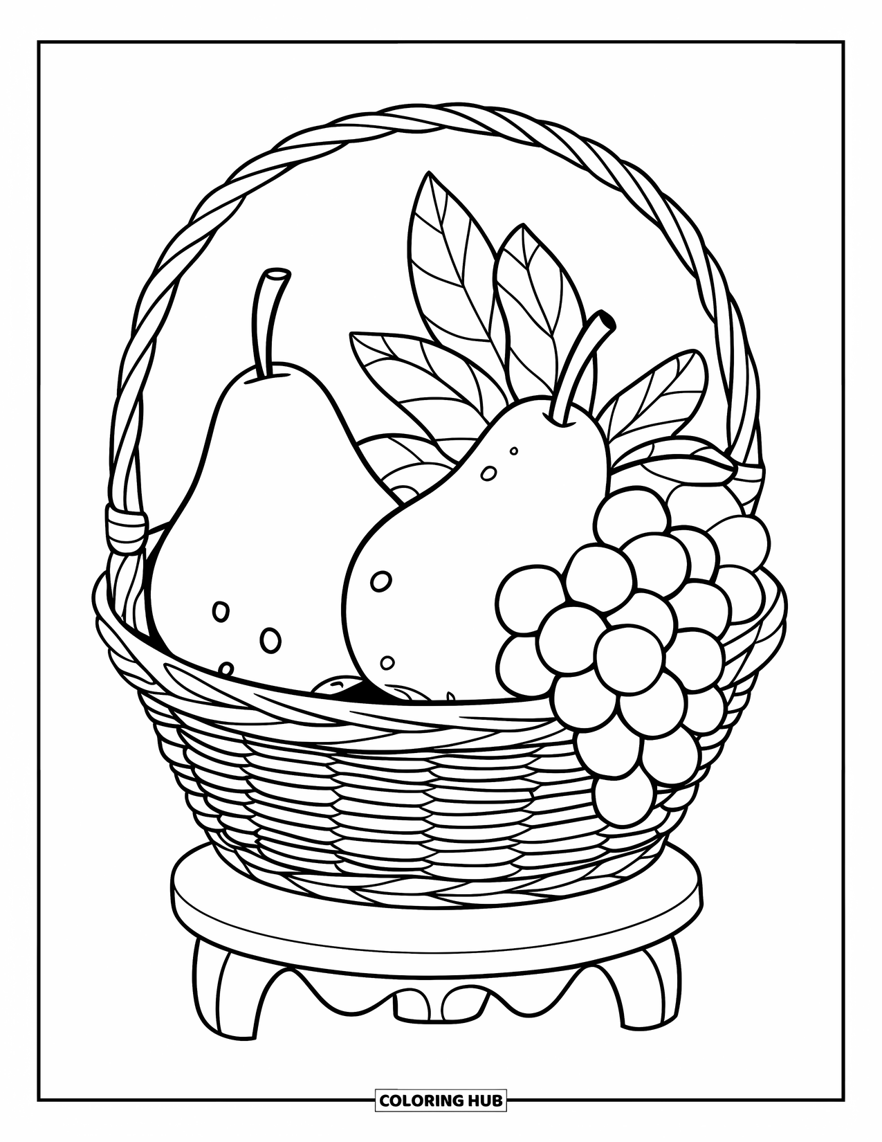 Harvest Coloring Page for Kids: A basket with two pears and grapes rests on a wooden stand