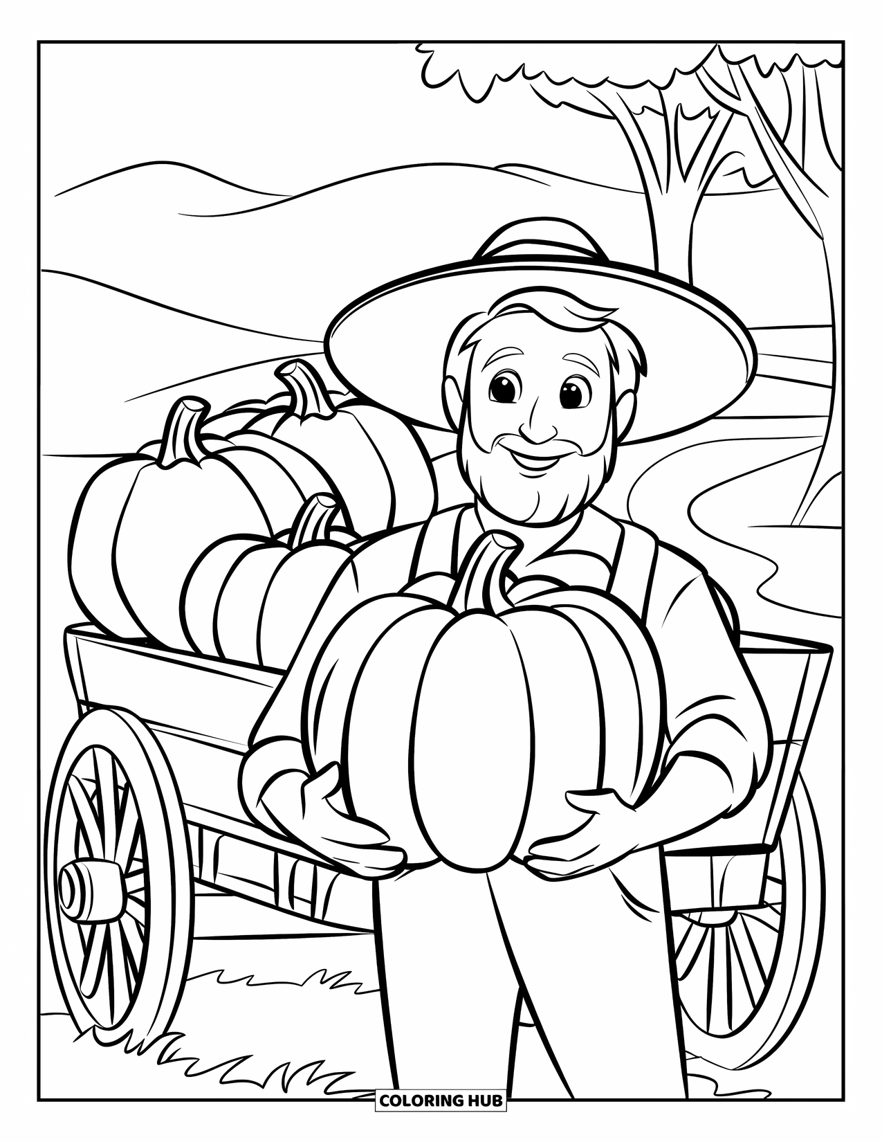 Harvest Coloring Page for Kids: A bearded farmer holds a big pumpkin next to a wagon in the countryside