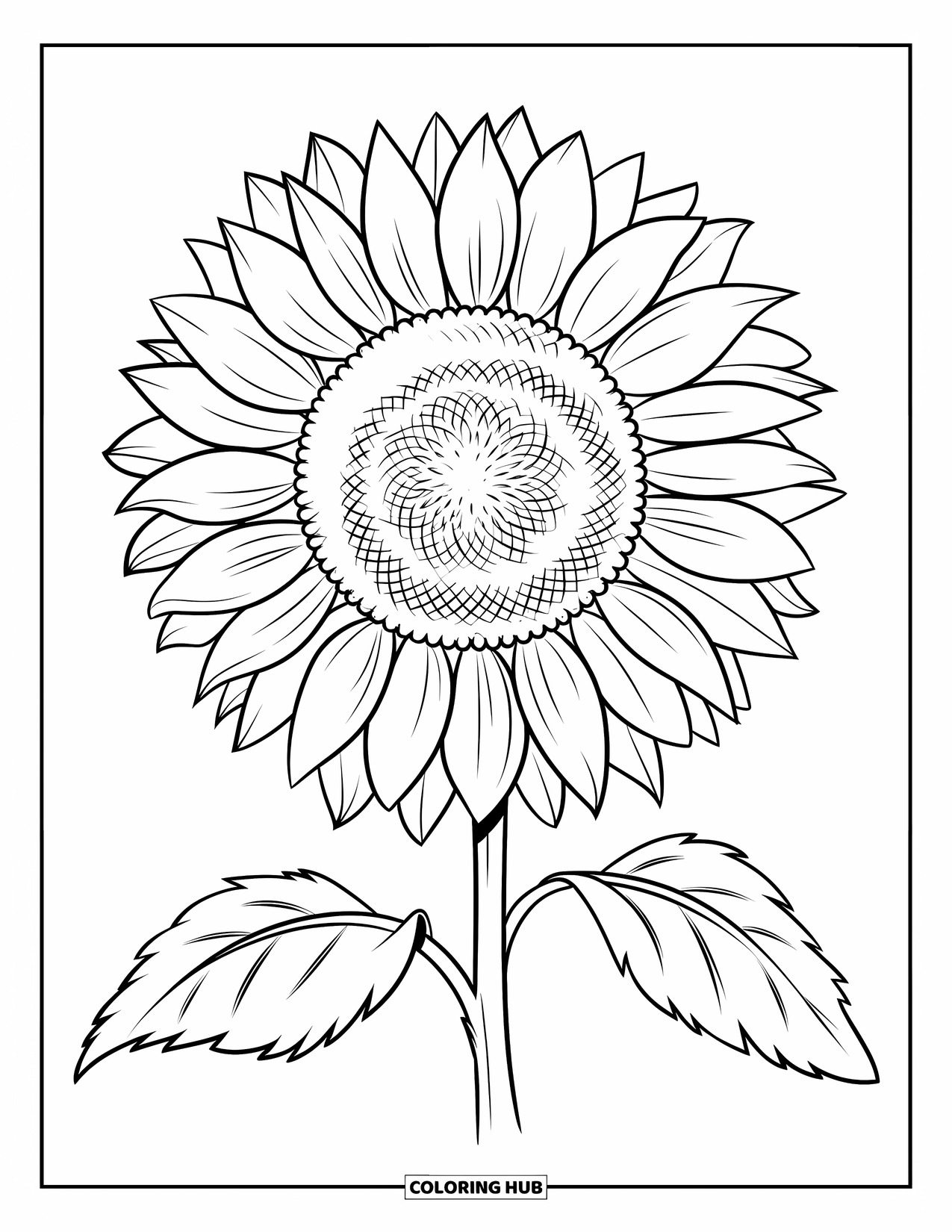 Harvest Coloring Page for Kids: A big sunflower with thick petals and stem sits centered on the page