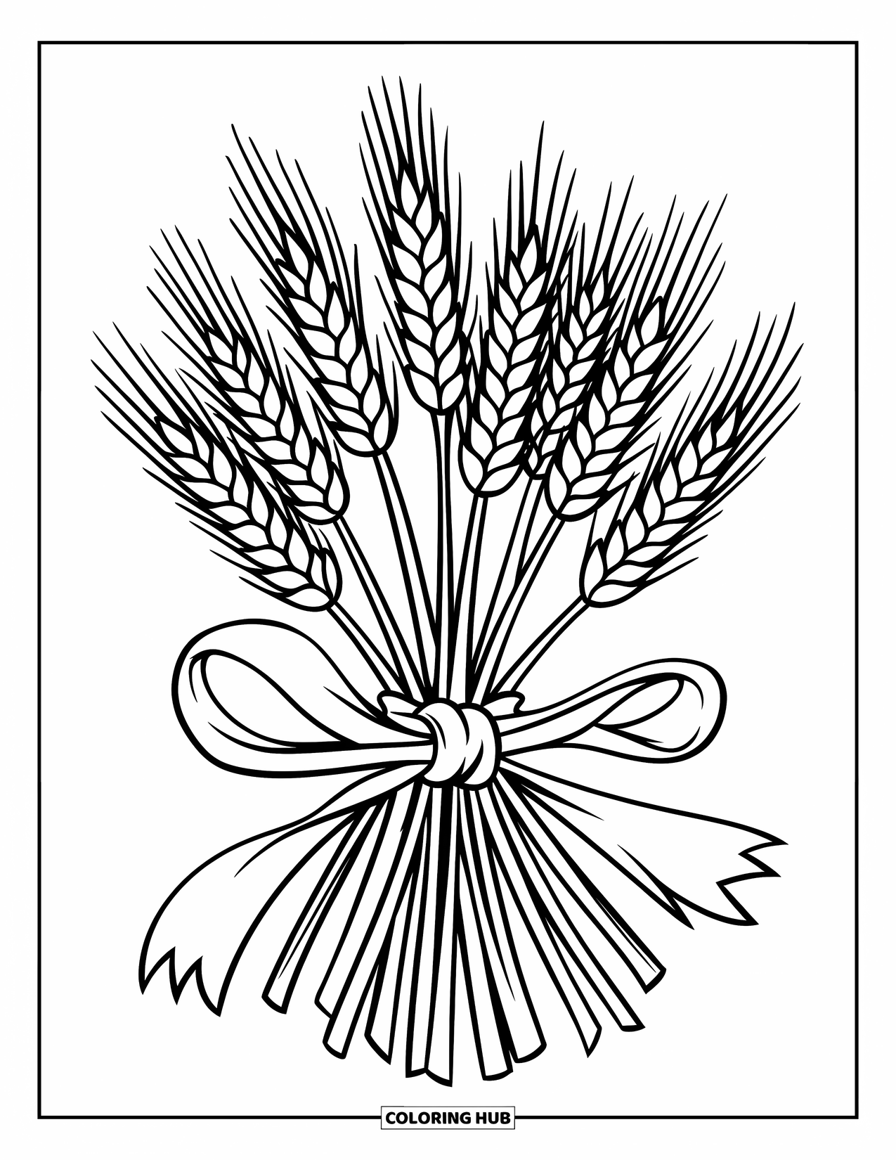 Harvest Coloring Page for Kids: A bundle of wheat tied with a ribbon sits arranged in a circle