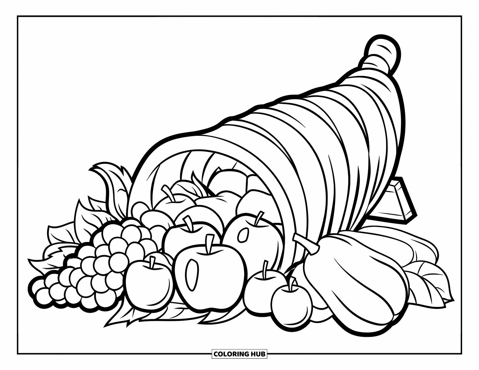 Harvest Coloring Page for Kids: A cornucopia on a stand overflows with apples, grapes, and squash