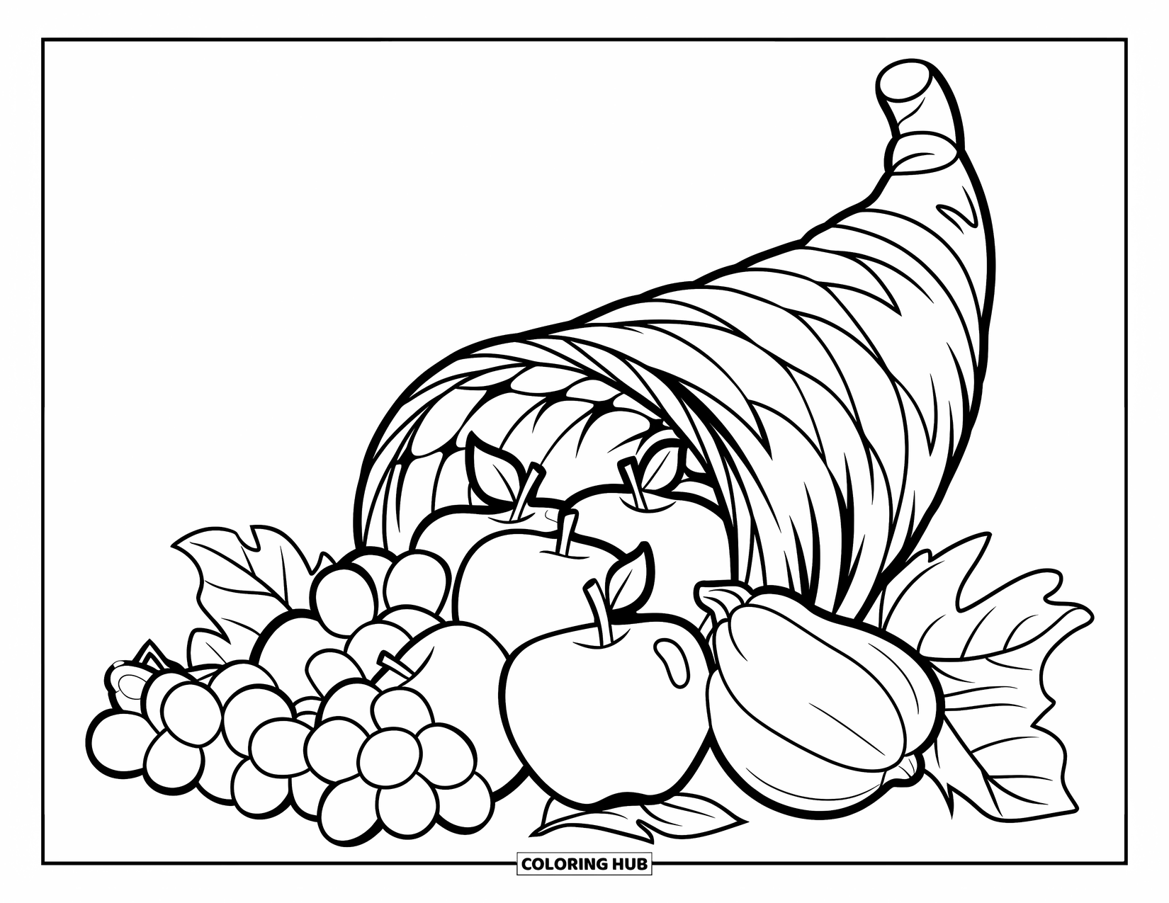 Harvest Coloring Page for Kids: A cornucopia surrounded by a basket spills apples, grapes, and squash