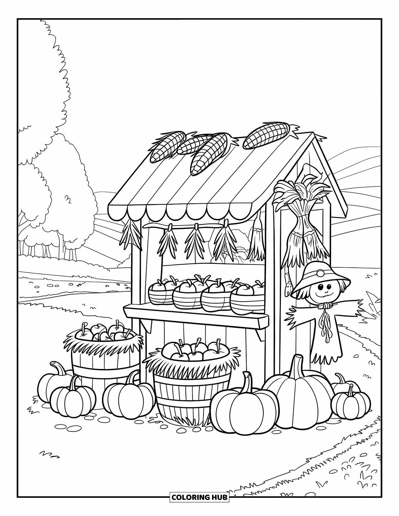Harvest Coloring Page for Kids: A cozy stand with apples, corn, pumpkins, hay, and a scarecrow in the countryside