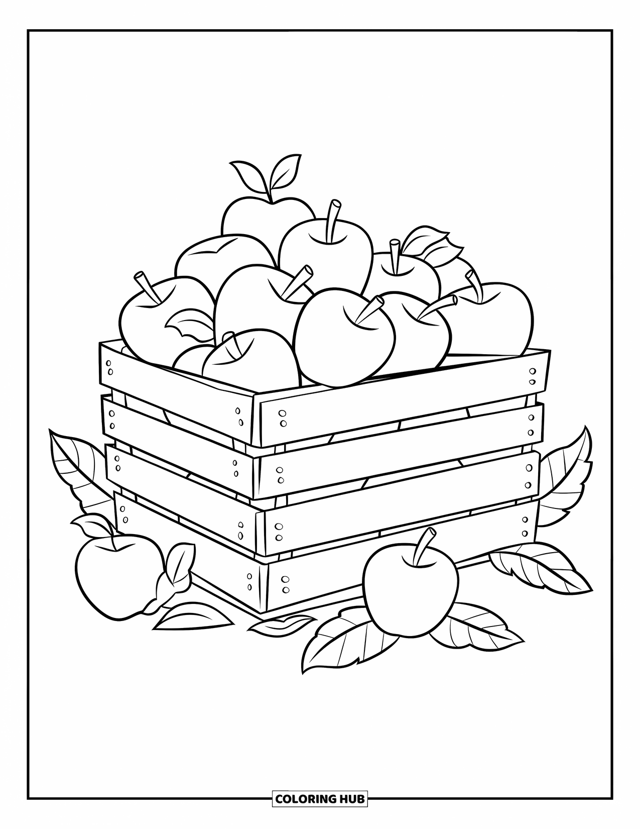 Harvest Coloring Page for Kids: A crate overflows with fresh apples and scattered leaves