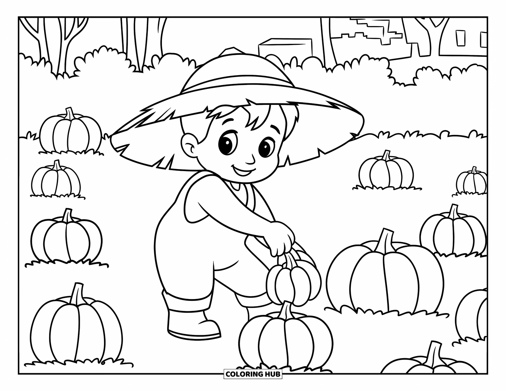 Harvest Coloring Page for Kids: A cute farmer in a straw hat picks pumpkins scattered in a small field