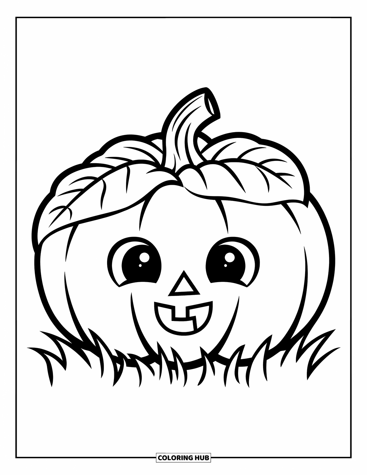 Harvest Coloring Page for Kids: A cute pumpkin with a big leaf rests on grassy ground