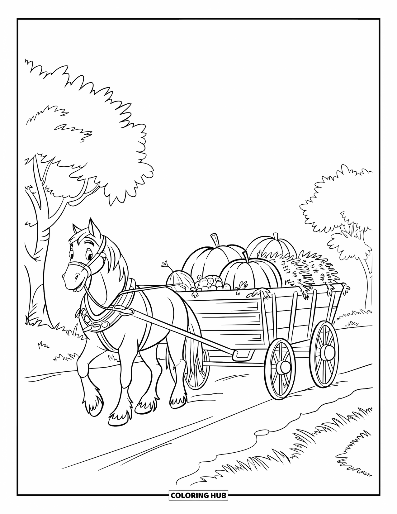 Harvest Coloring Page for Kids: A farm horse pulls a wagon filled with harvest goods down a dirt road