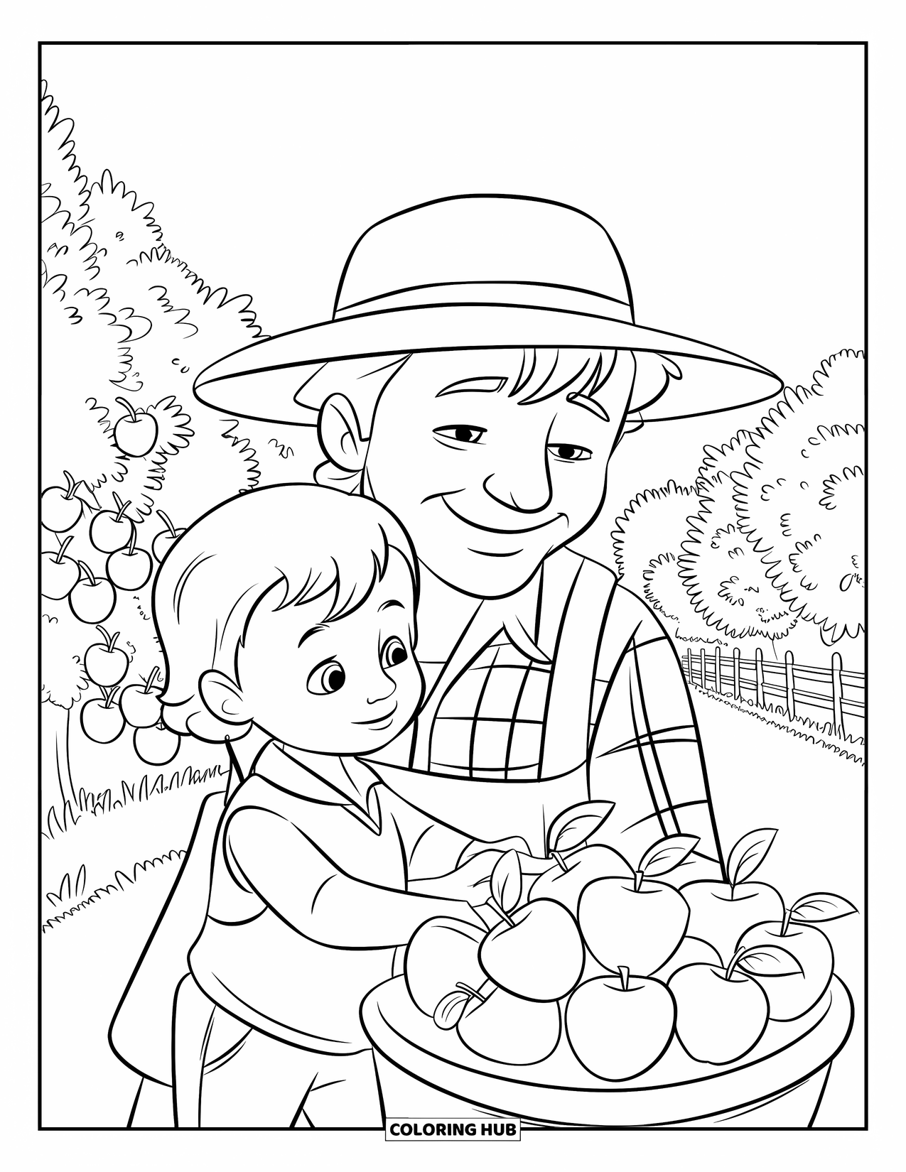 Harvest Coloring Page for Kids: A farmer and child pick apples together under orchard trees and a wooden fence