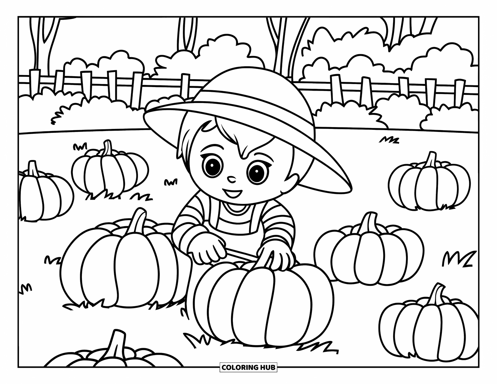 Harvest Coloring Page for Kids: A farmer with a striped shirt and straw hat picks pumpkins near trees and a fence