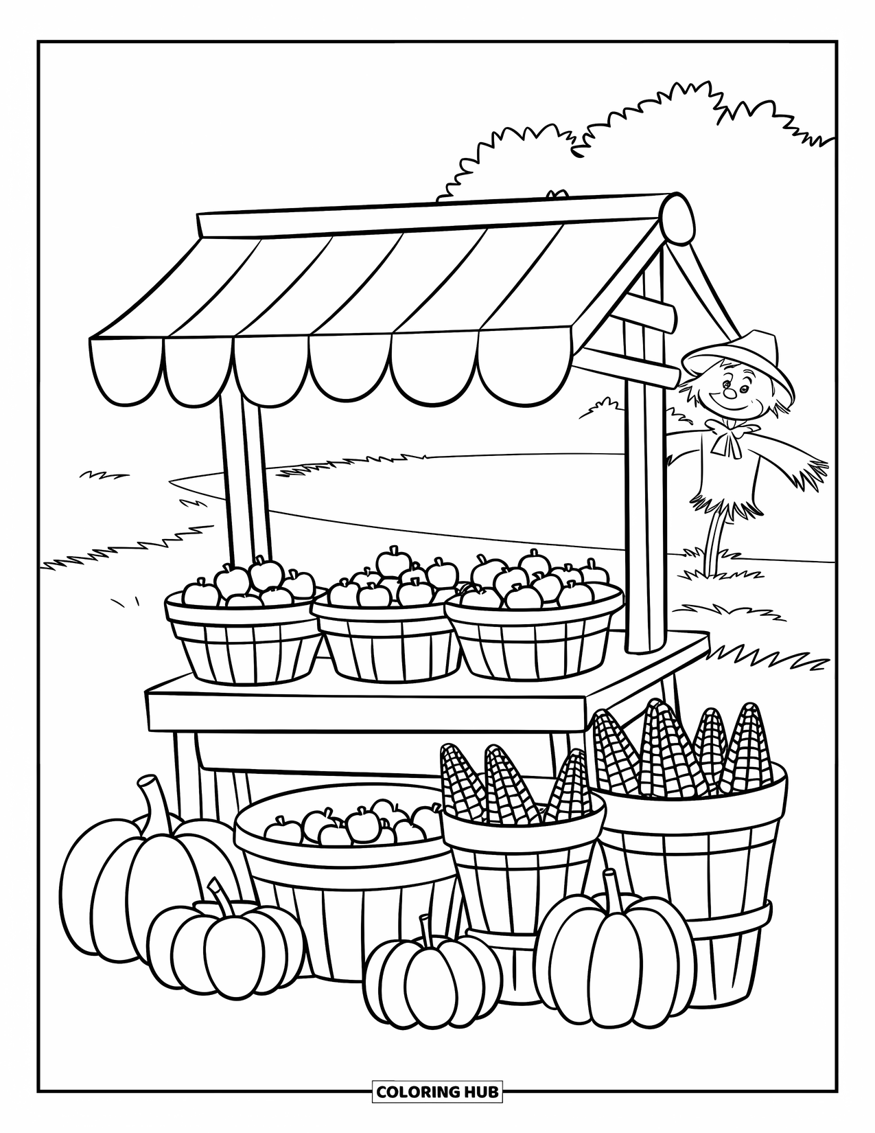 Harvest Coloring Page for Kids: A harvest stand by a pumpkin patch with baskets of apples, corn, and a scarecrow