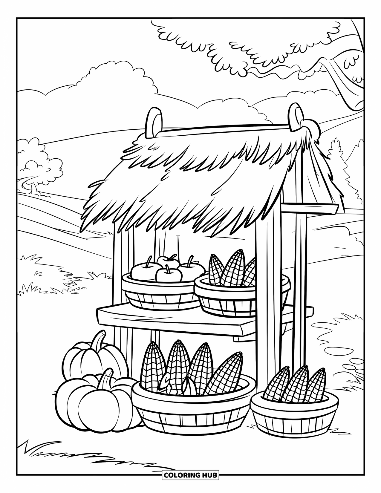 Harvest Coloring Page for Kids: A harvest stand with apples, corn, pumpkins, and gourds sits by rolling hills